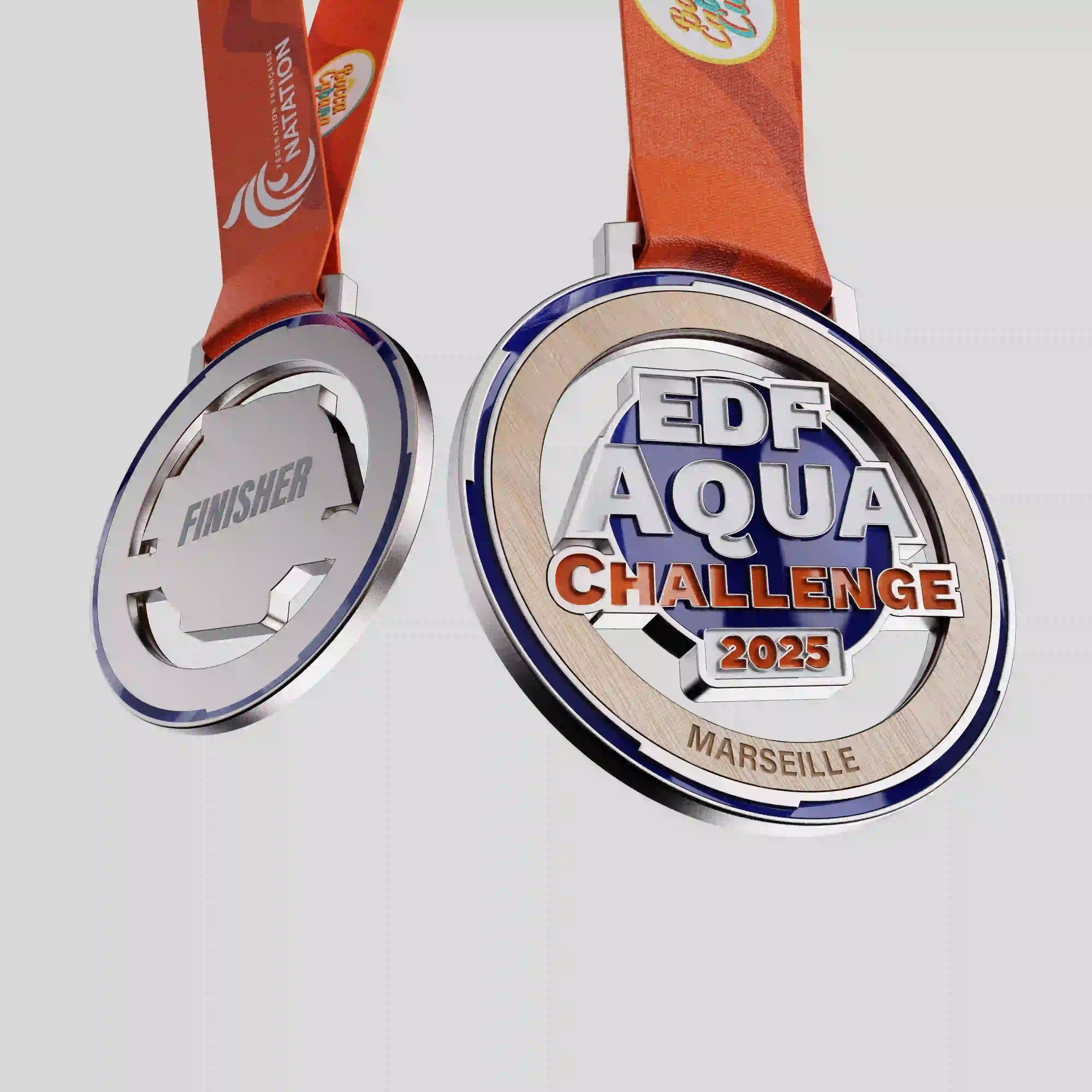 Open-water swimming wood & metal finisher medal for the EDF Aqua Challenge