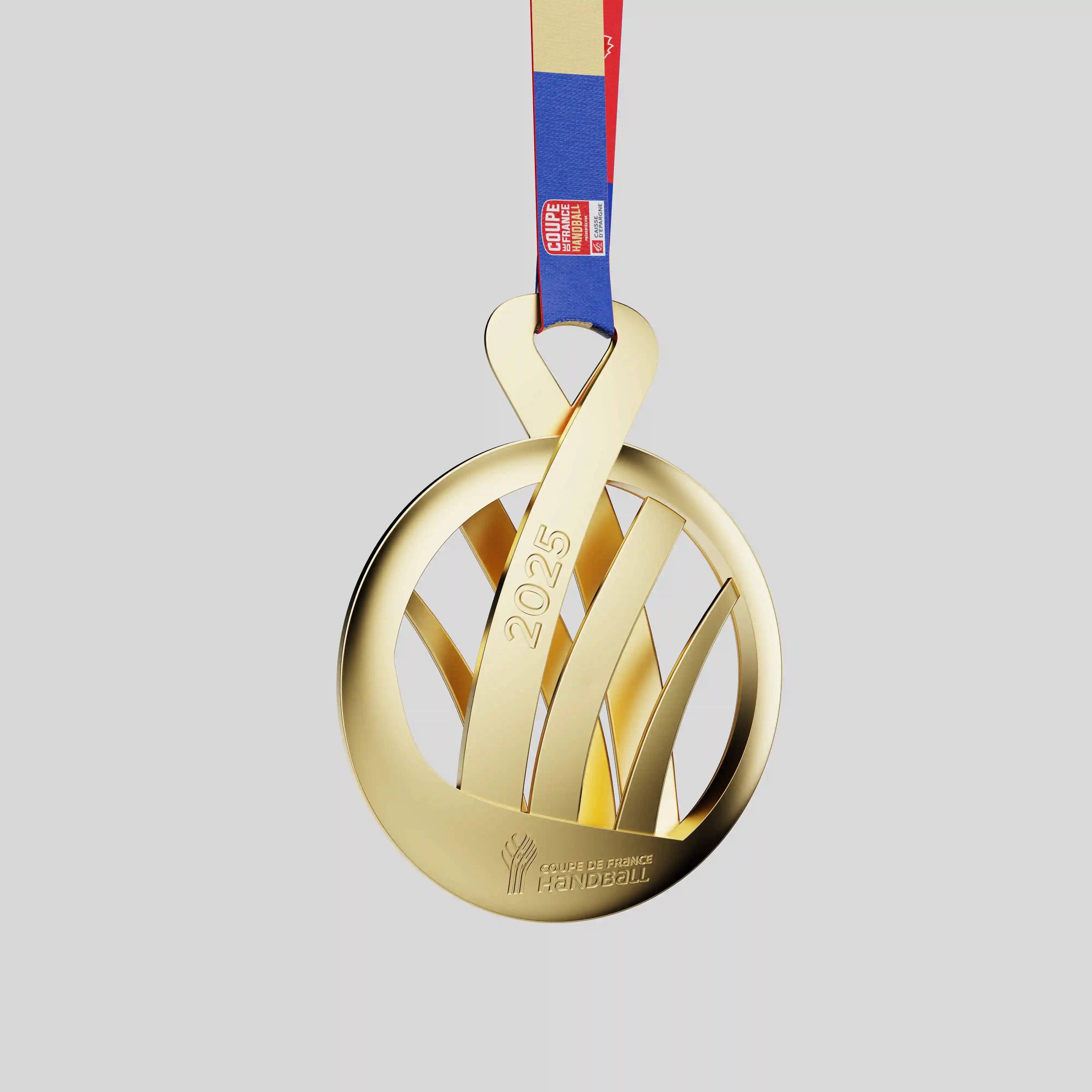 French Handball Cup 2025 gold metal medal with modern cut-out design
