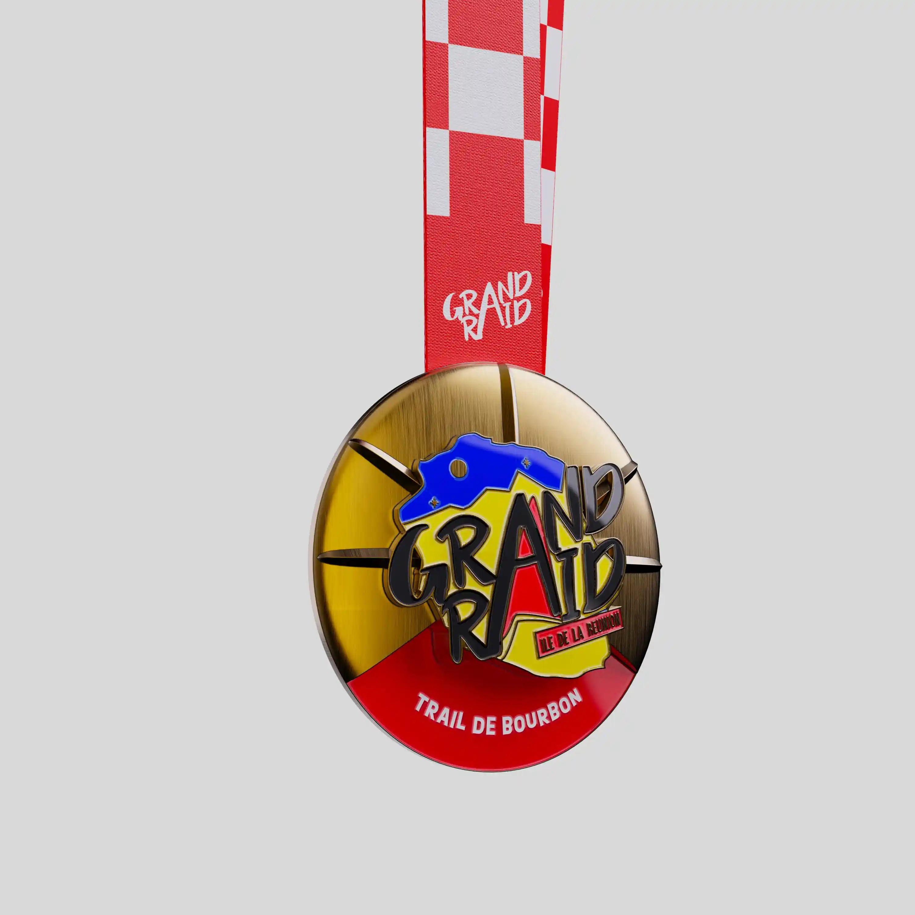 Grand Raid Trail de Bourbon metal medal with colorful Reunion Island design