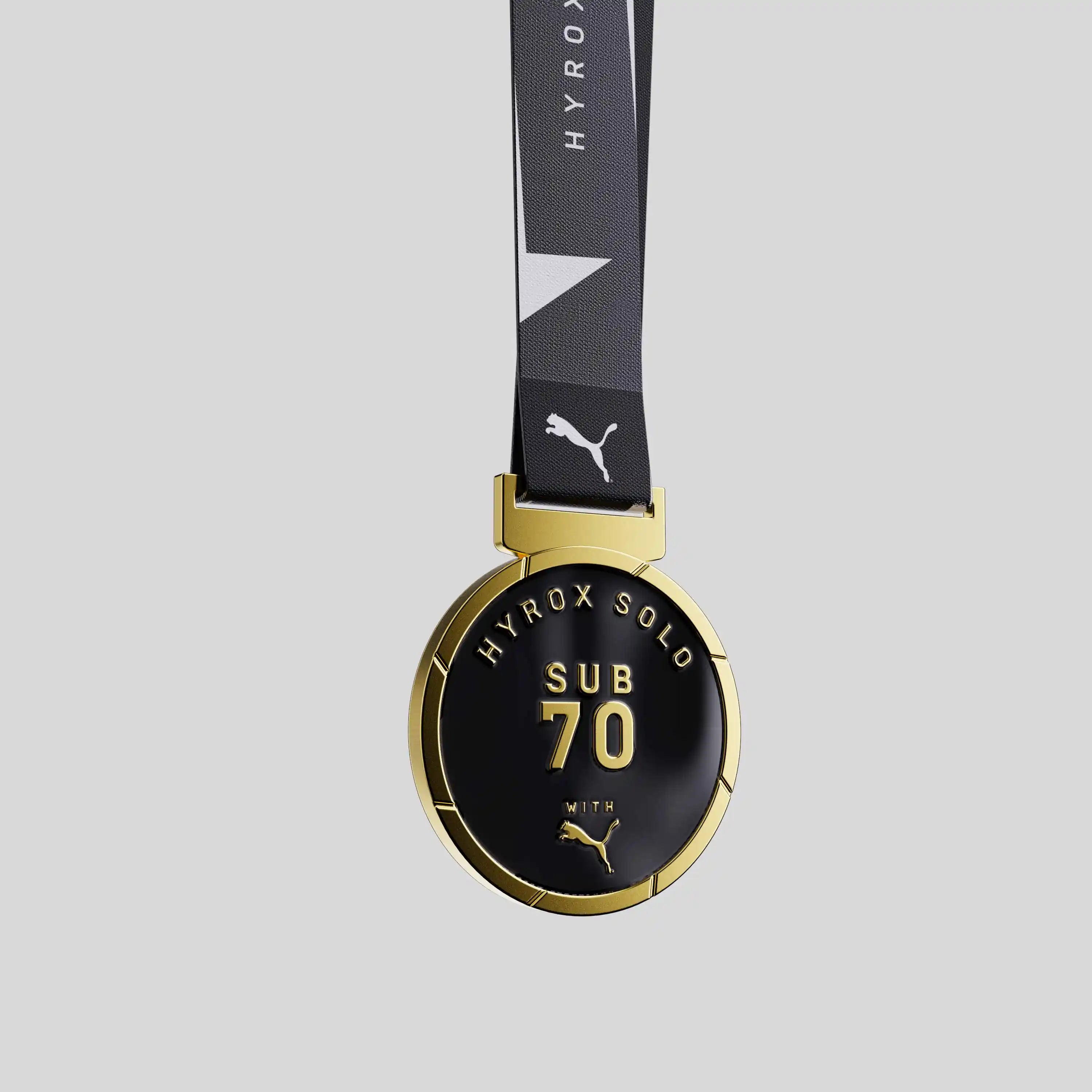 HYROX Puma black and gold metal medal with SUB70 design