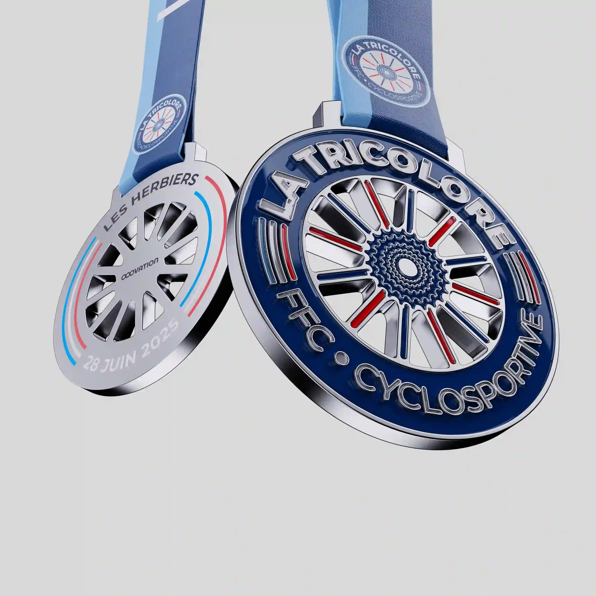 Official La Tricolore FFC cyclosportive metal medal with tricolor ribbon