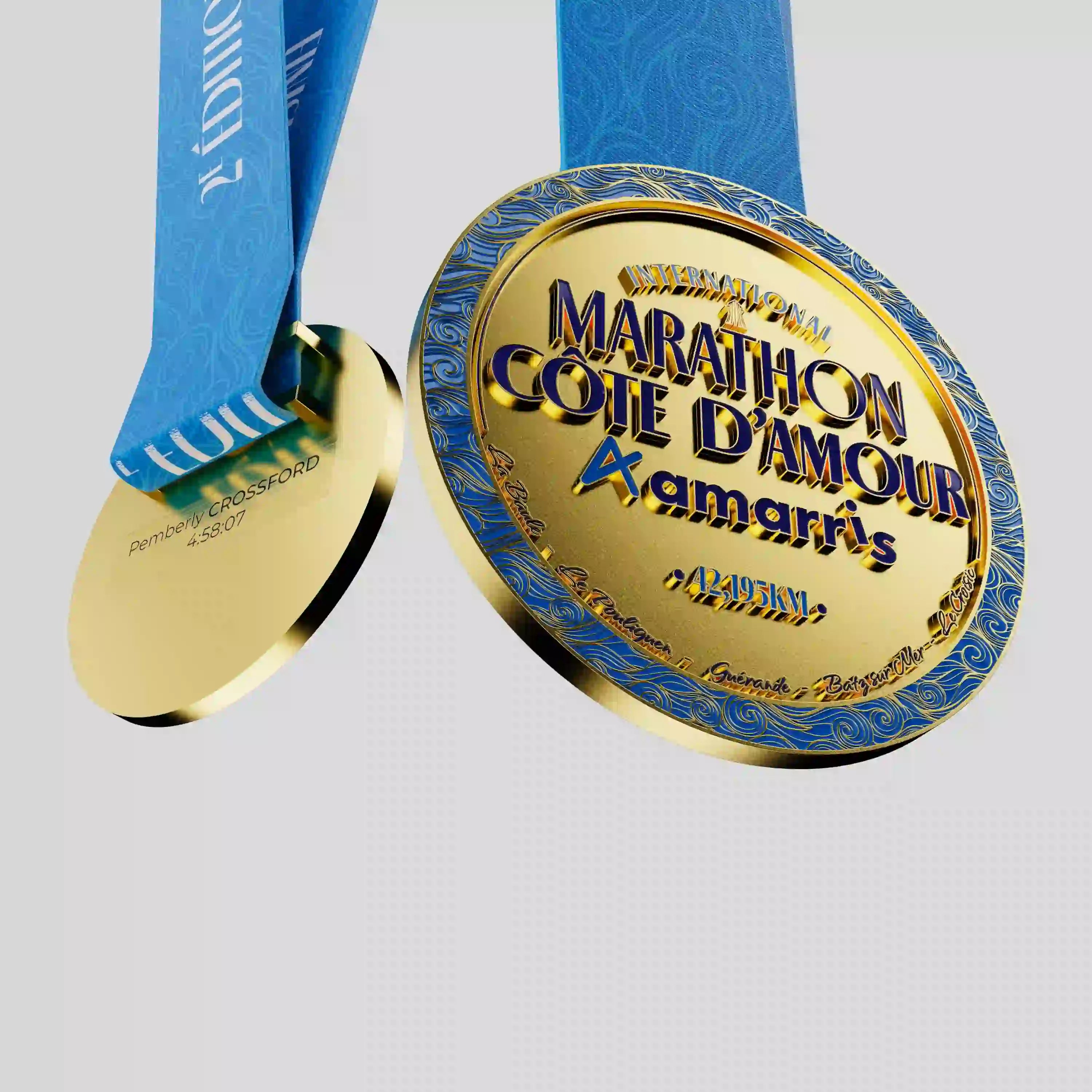 Official Côte d’Amour Marathon gold finisher medal with blue ribbon