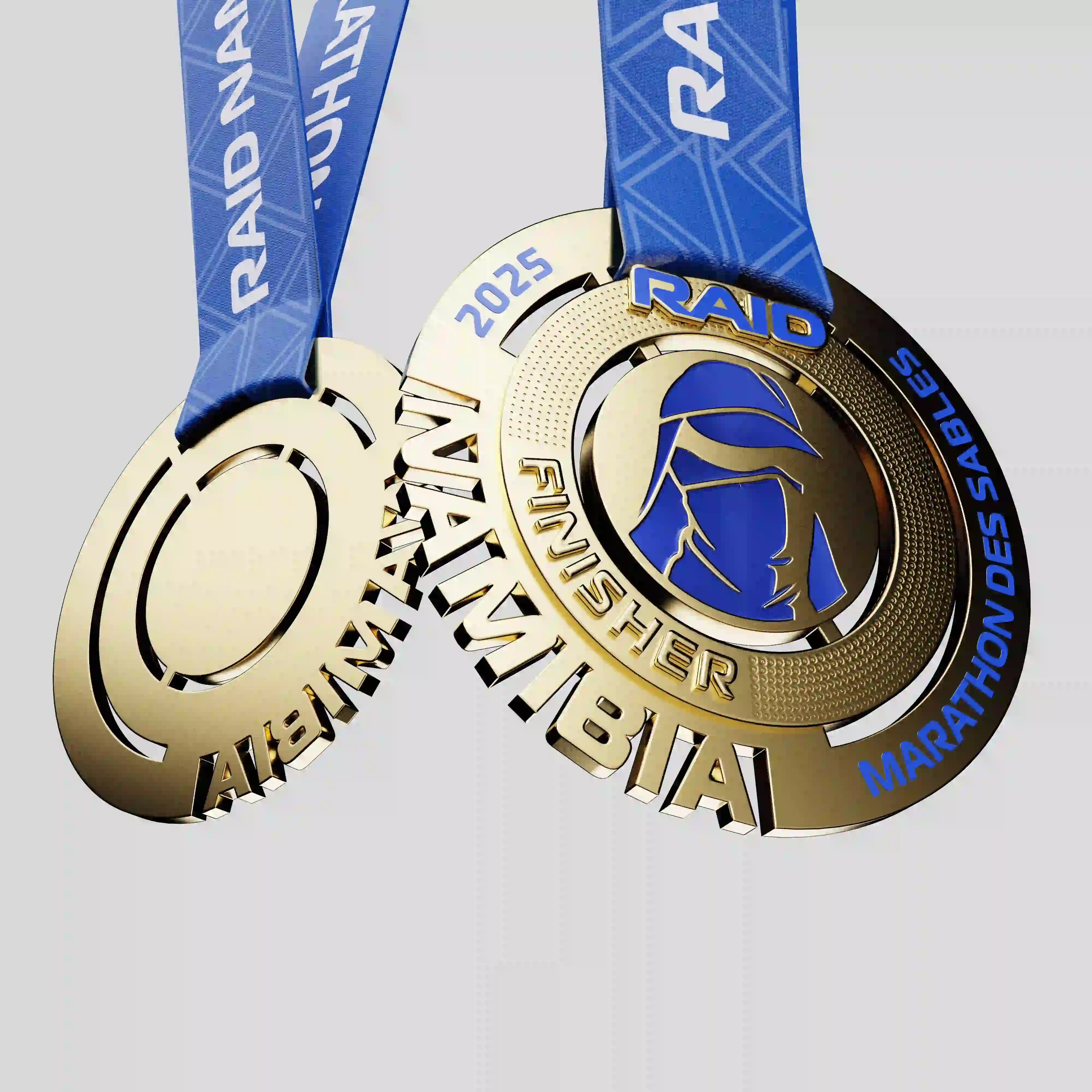 Official Marathon des Sables Namibia finisher metal medal with blue ribbon