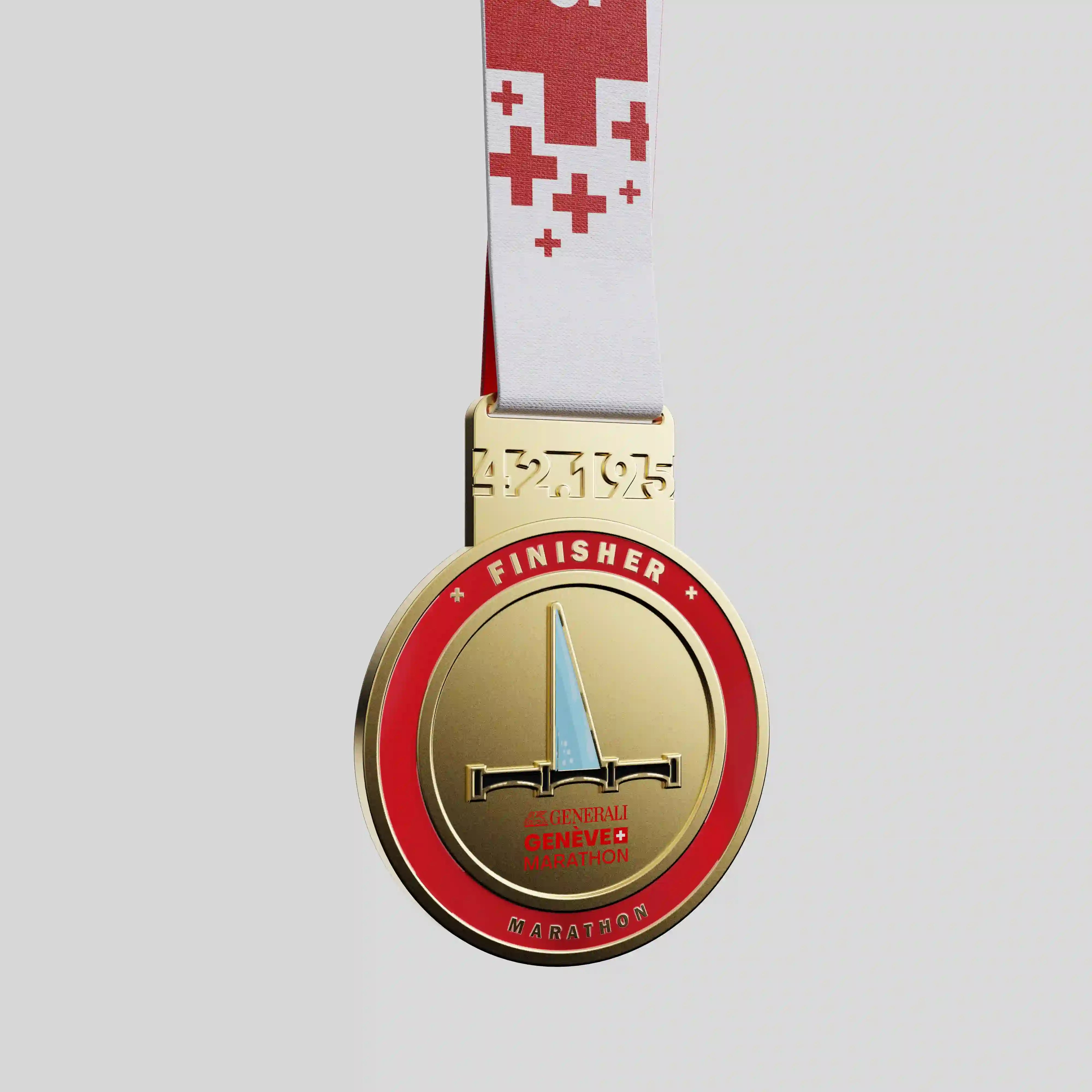 Geneva Marathon gold metal medal with red ring and Jet d’Eau icon