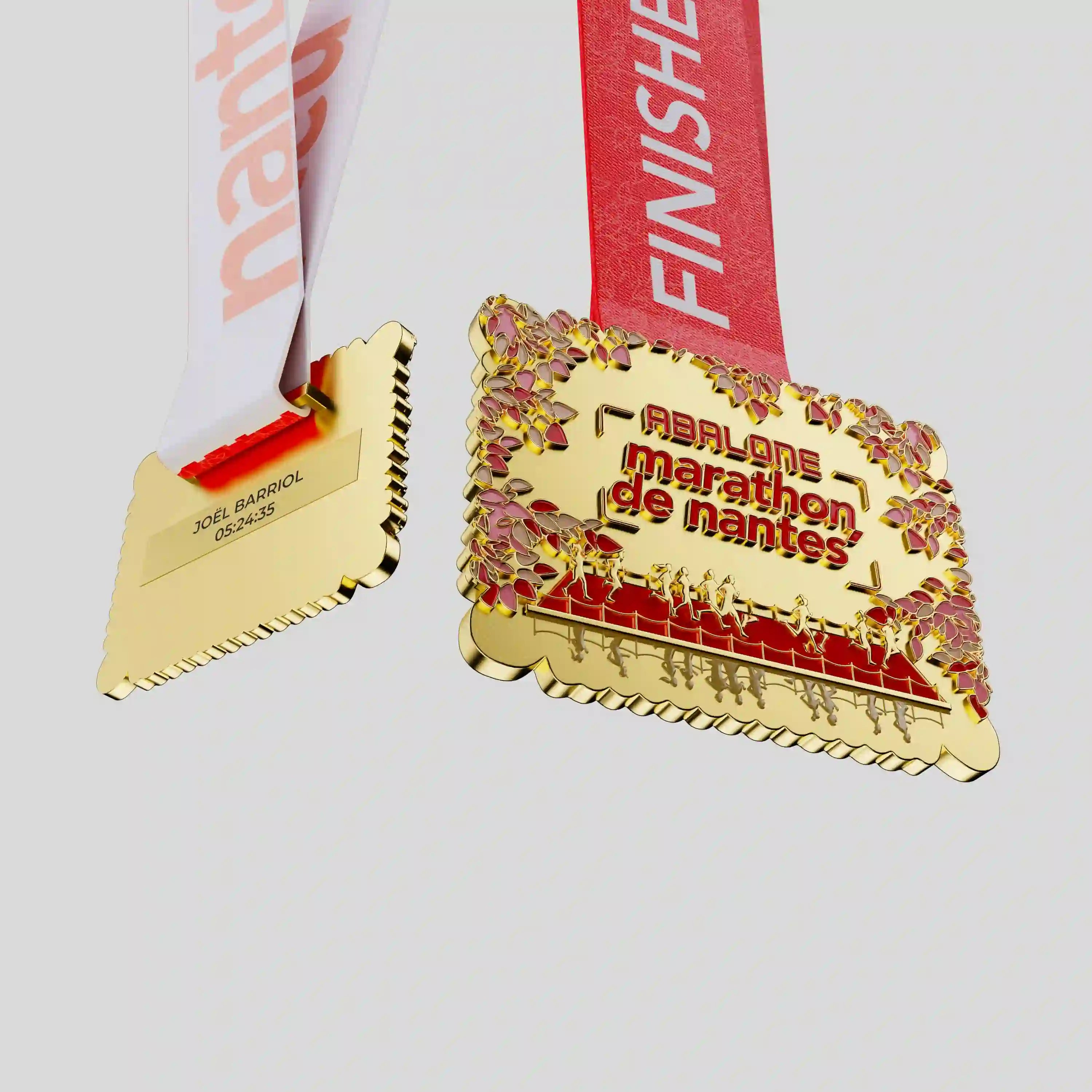 Official Nantes Marathon finisher metal medal with engraved runners