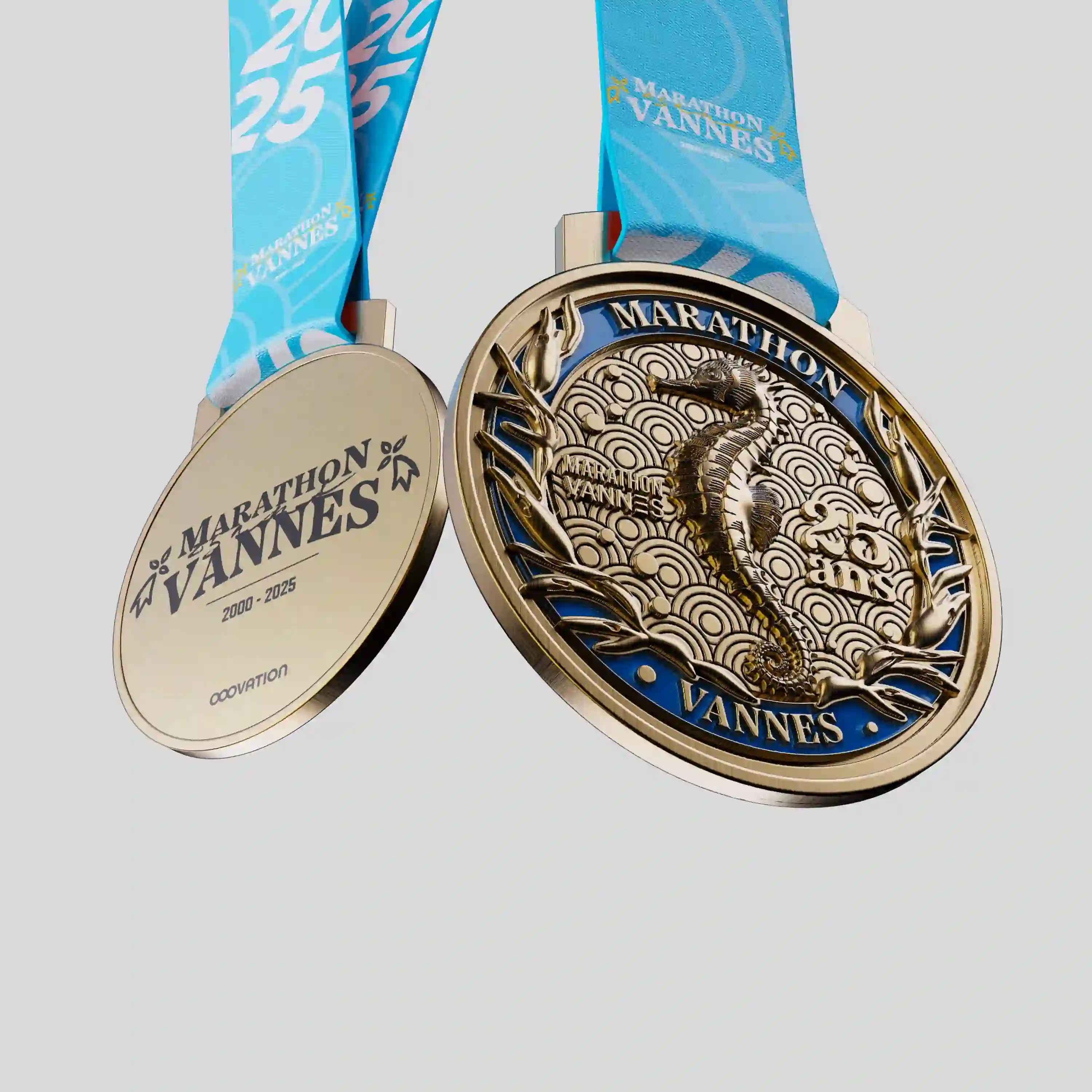 Vannes Marathon gold metal medal with seahorse relief and blue ribbon