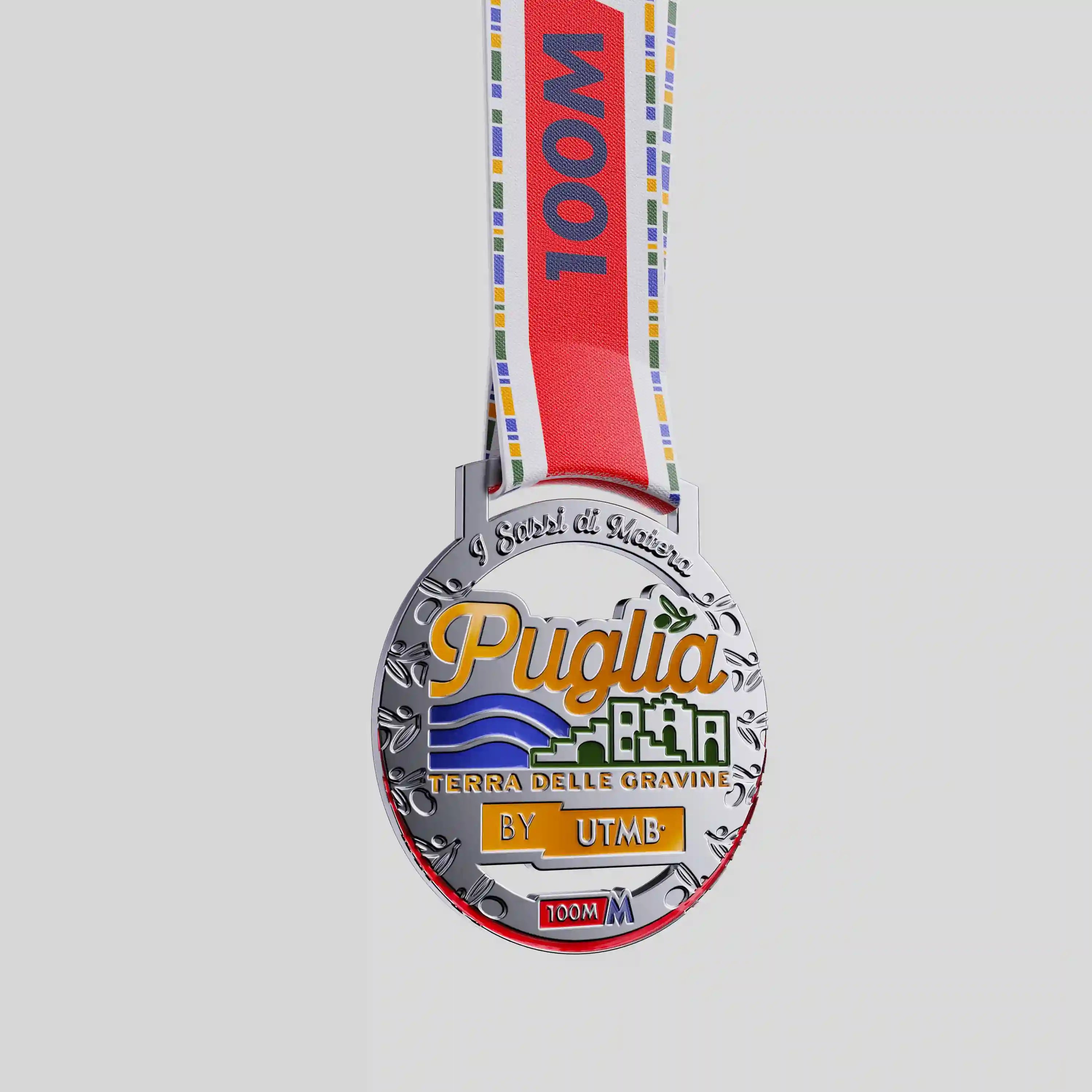 Puglia UTMB 100M metal medal with colorful Terre delle Gravine design