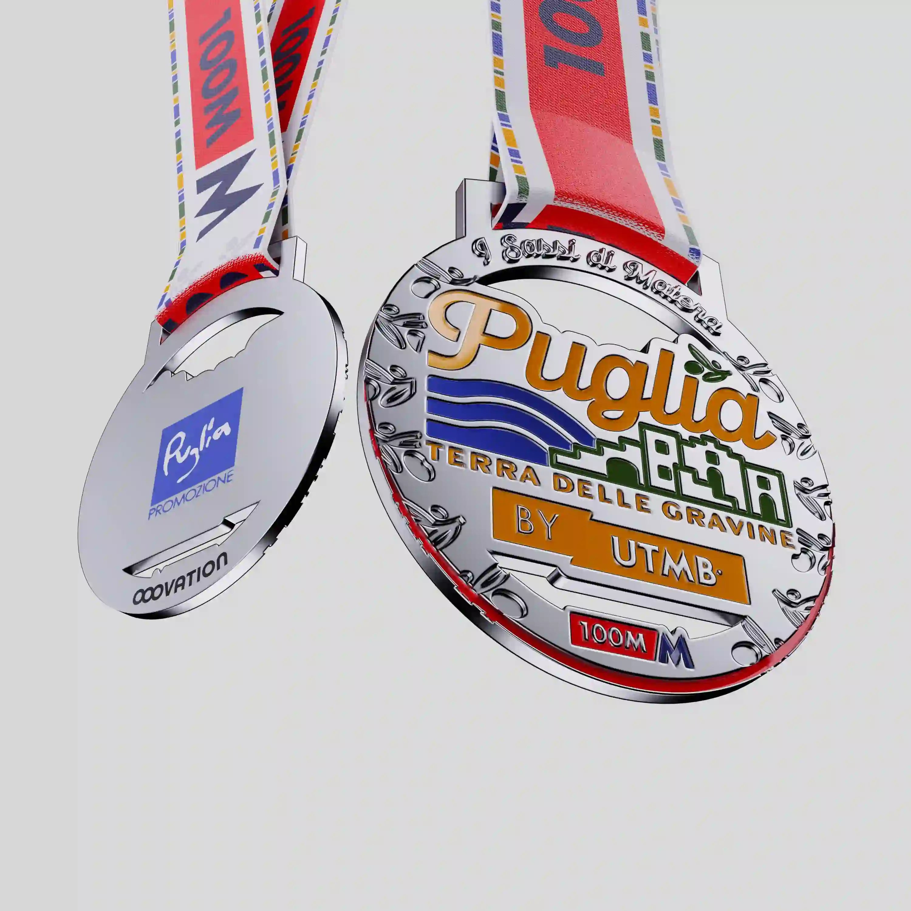 Official Puglia UTMB 100 Miles metal medal with red ribbon and engraved details