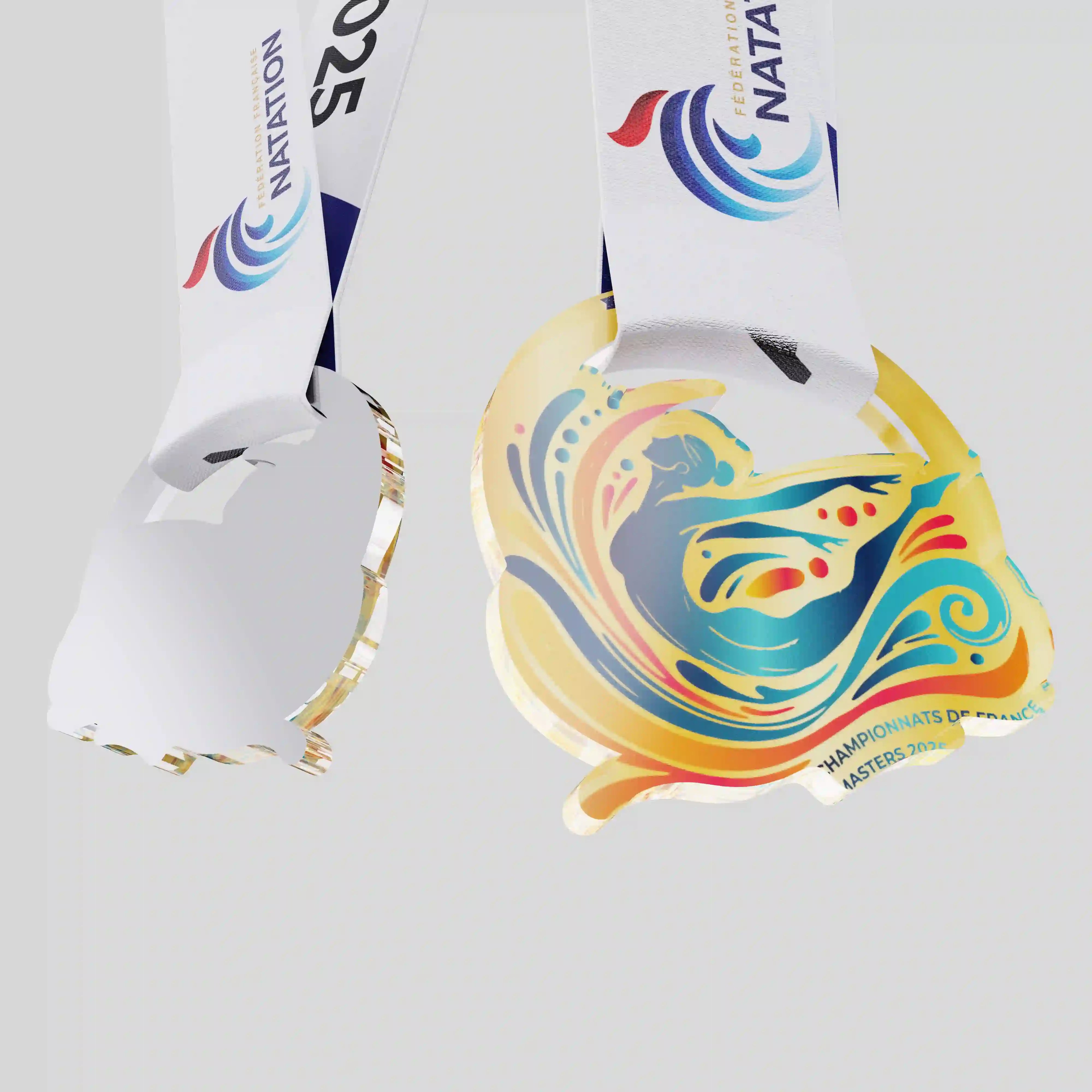 Close-up of the FFN Masters acrylic medal showing its cut-out shape, glossy finish and vibrant multi-colour artwork.