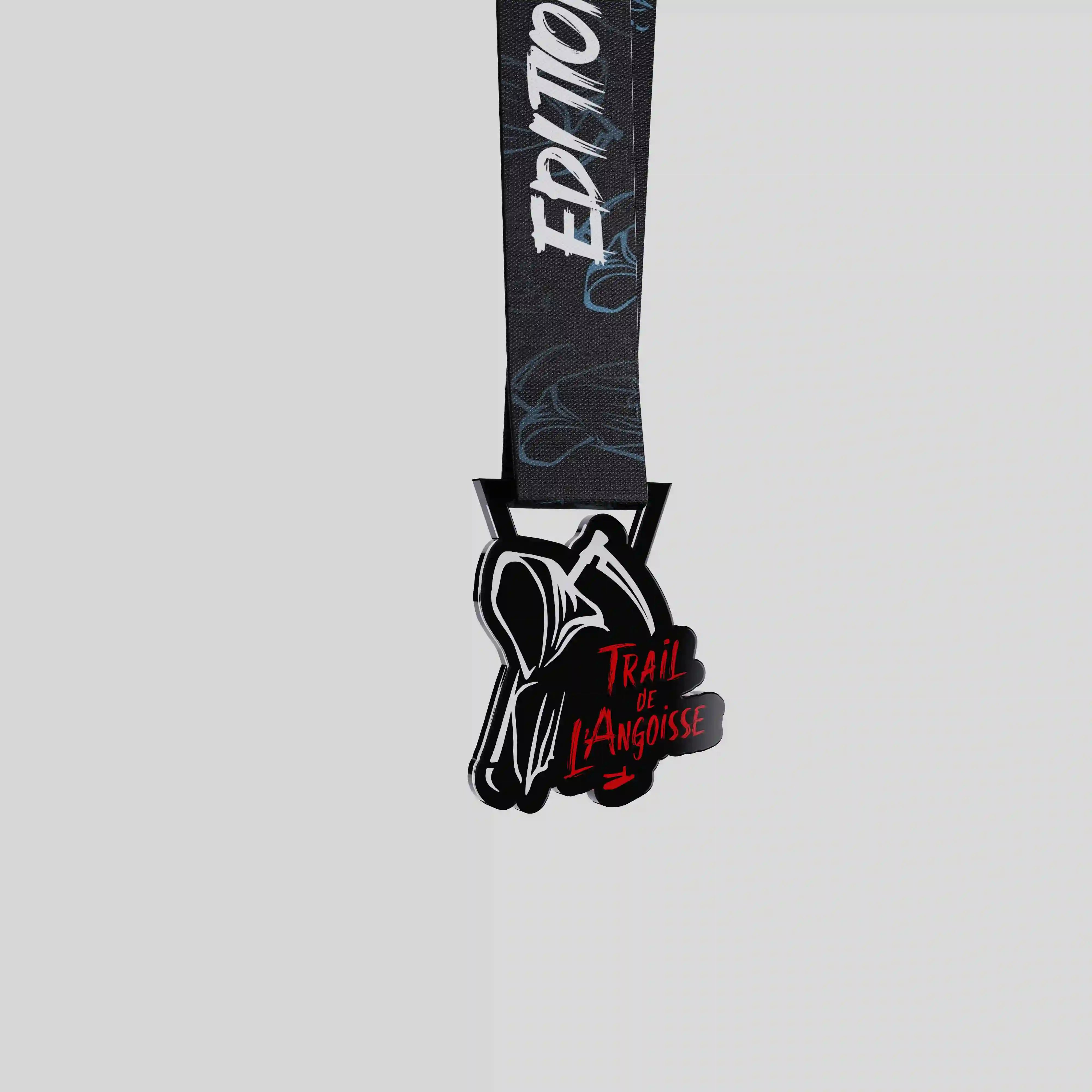 Acrylic medal for the Trail de l’Angoisse 2024 featuring a hooded figure design in black, white and red.