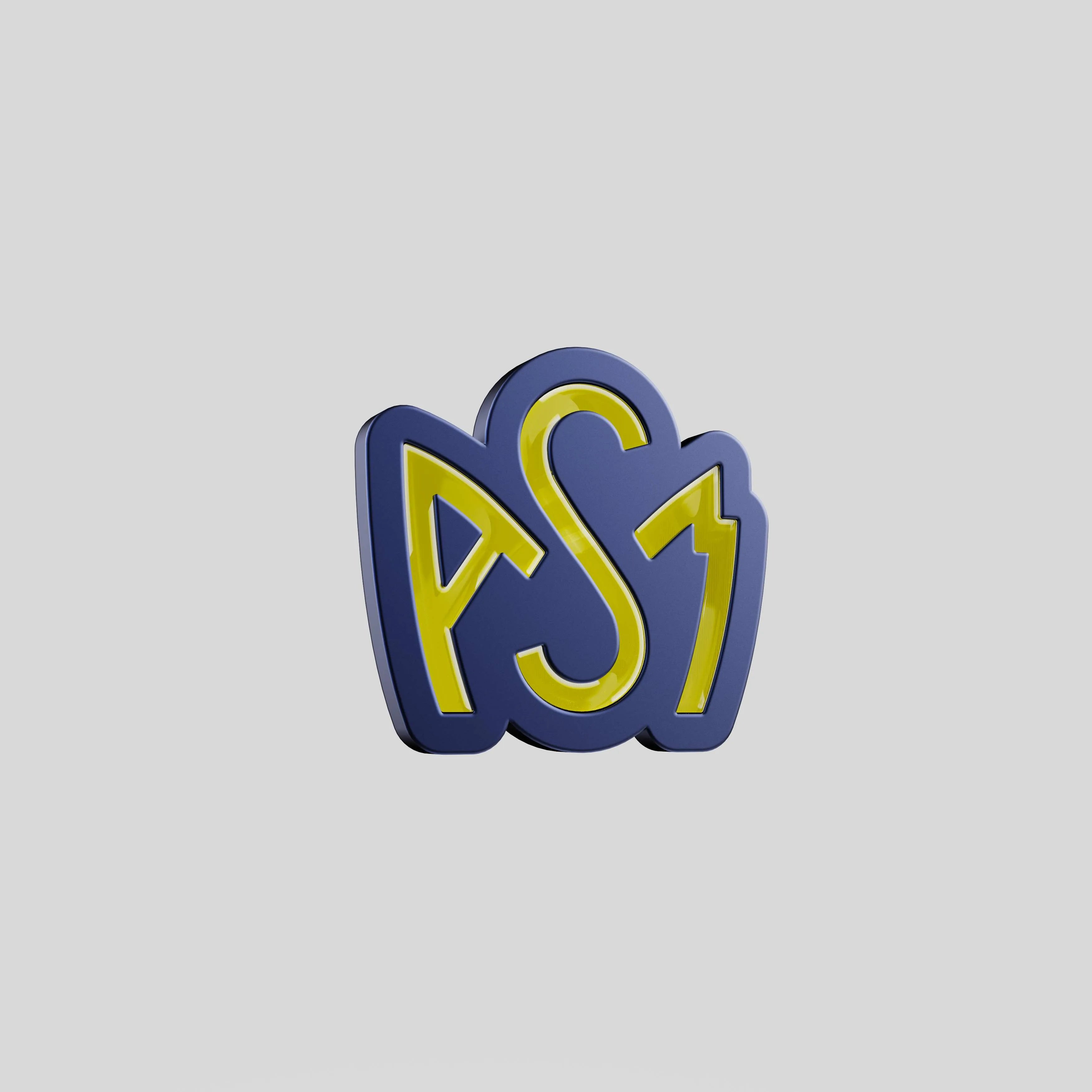 Custom ASM enamel pin with blue base and yellow lettering, front view.