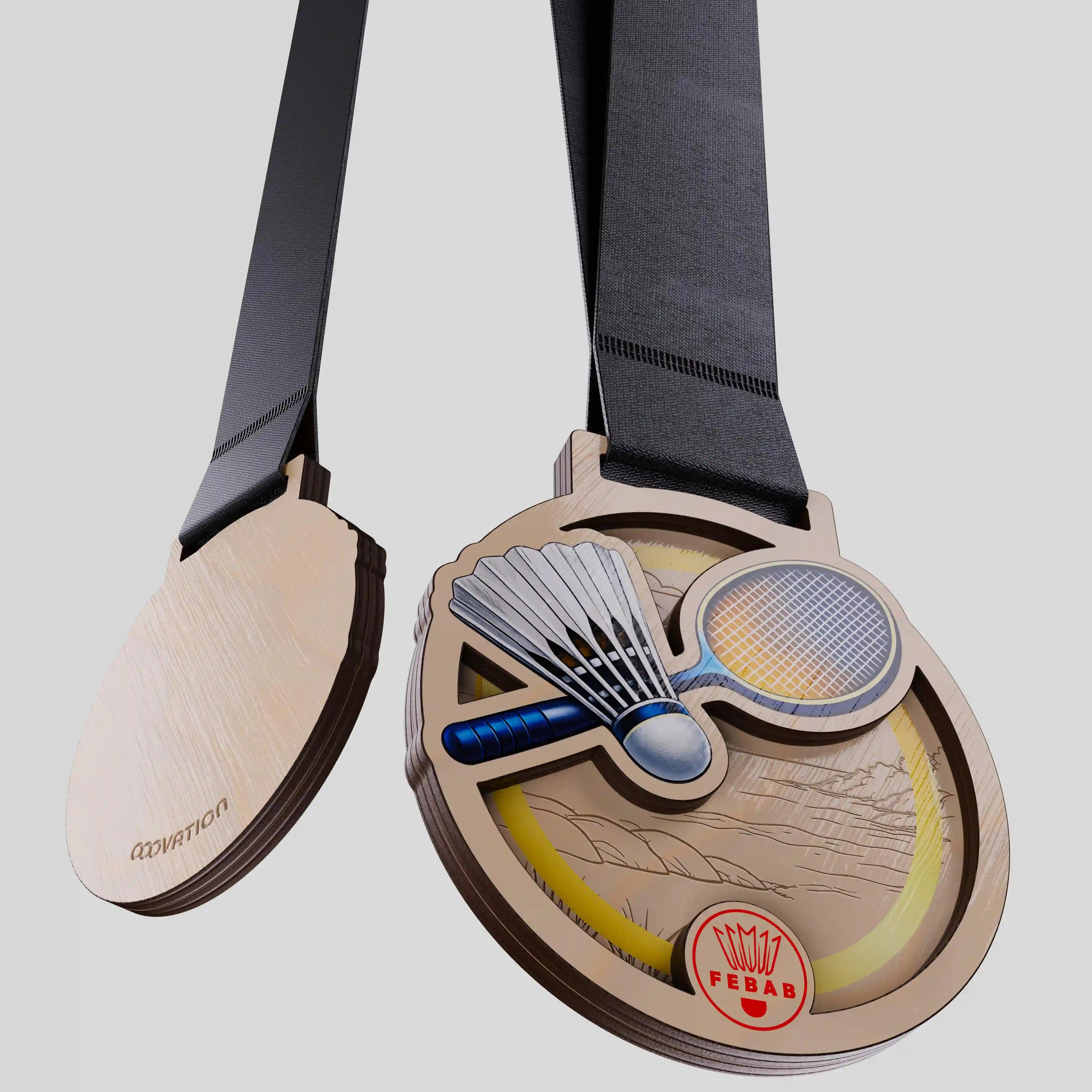 Layered wooden badminton medal with engraved design and black ribbon – Balearic Islands Badminton Federation