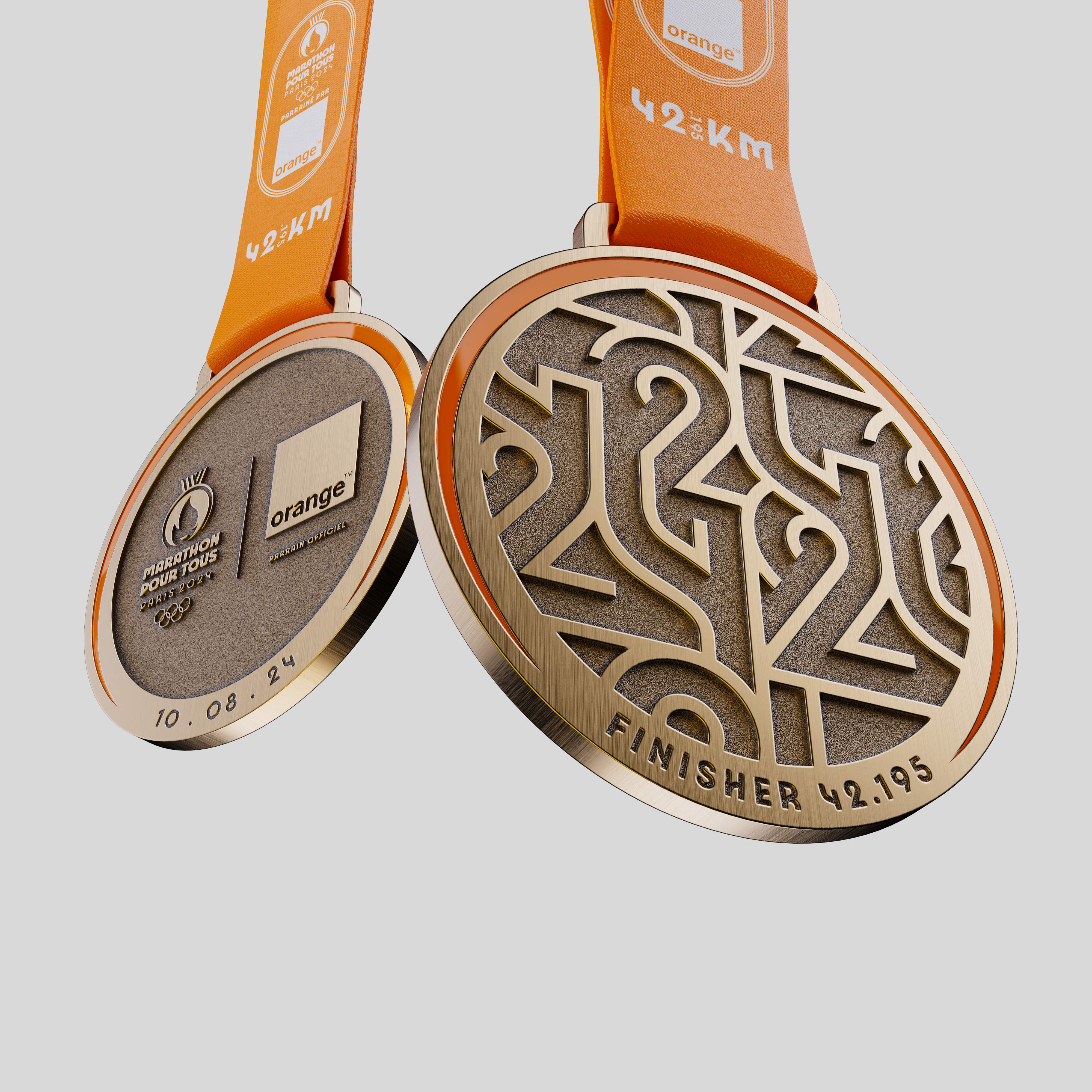 Close-up of the Paris 2024 Marathon Pour Tous medal showing premium details