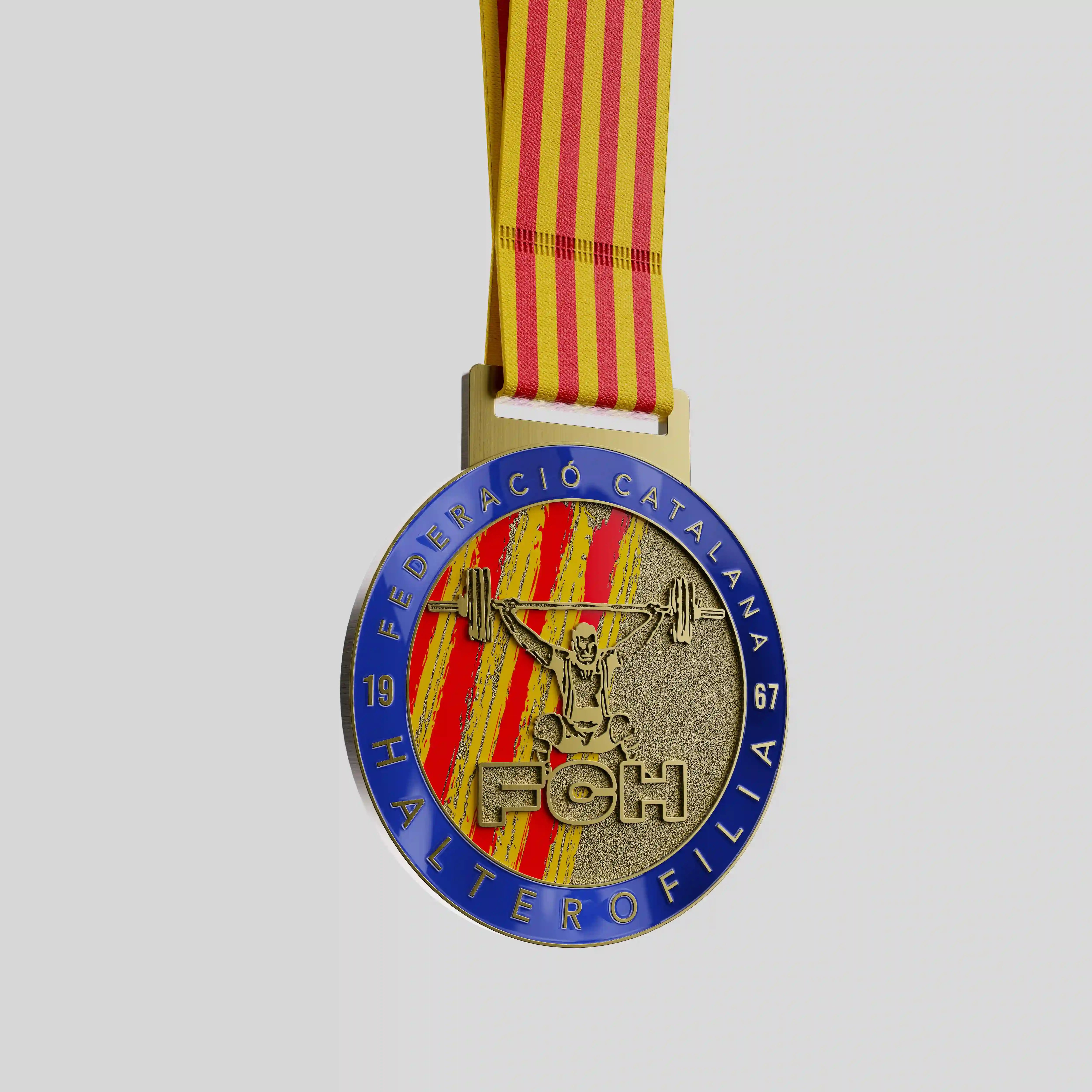 Metal weightlifting medal – Catalan Weightlifting Federation with athlete lifting barbell and Catalan flag design