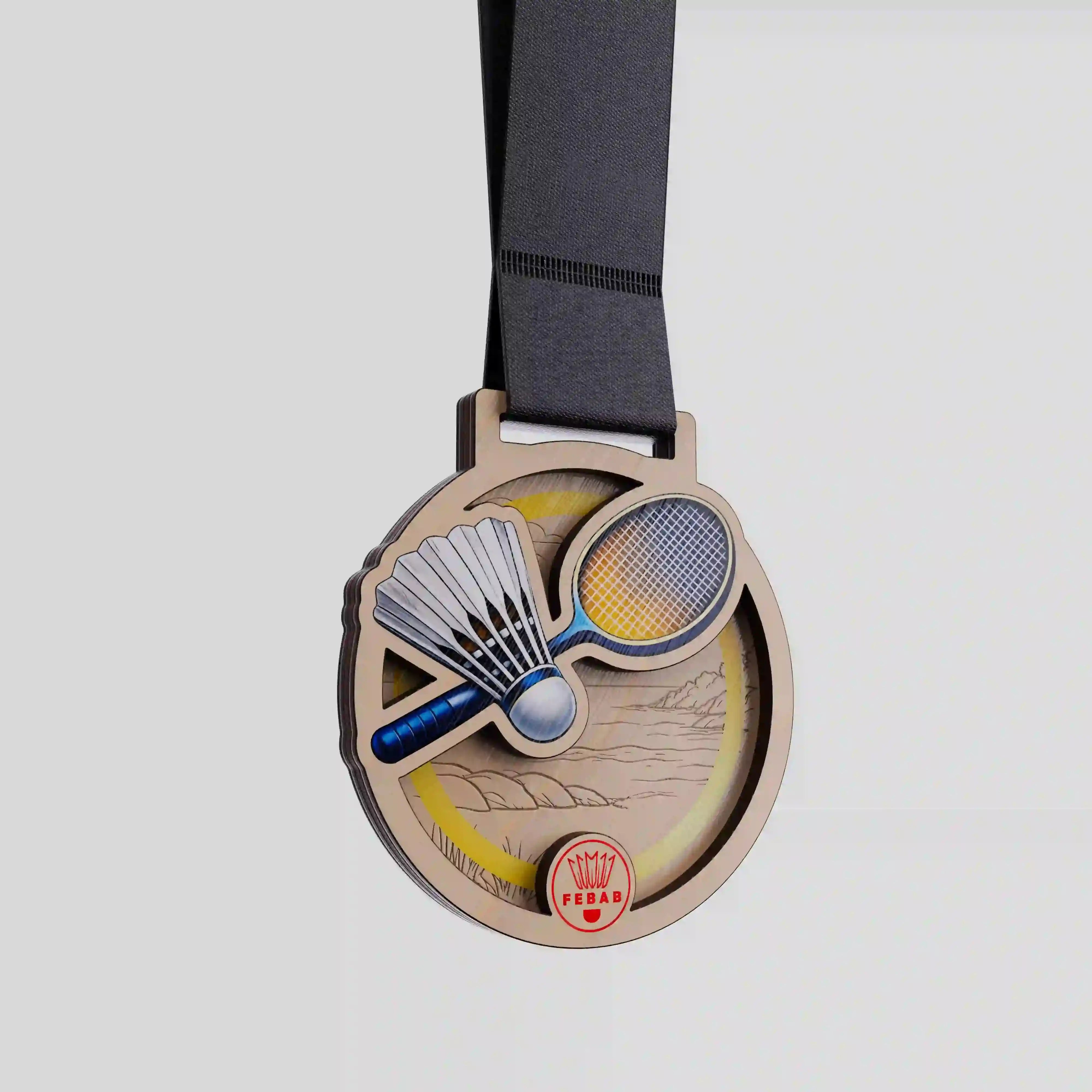Wooden badminton medal – Balearic Islands Badminton Federation with racket and shuttlecock design