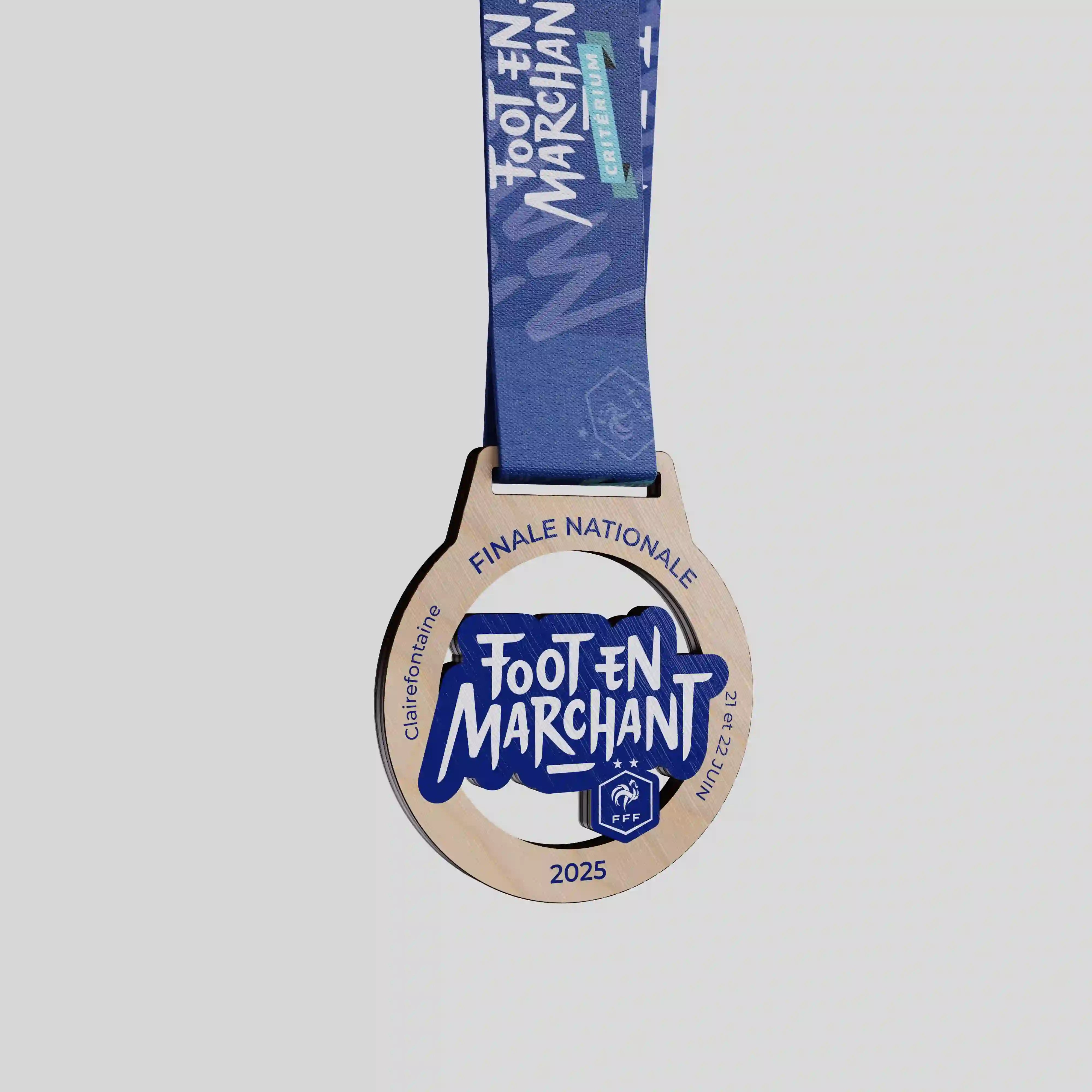 FFF Walking Football Criterium wood medal with blue graphic center