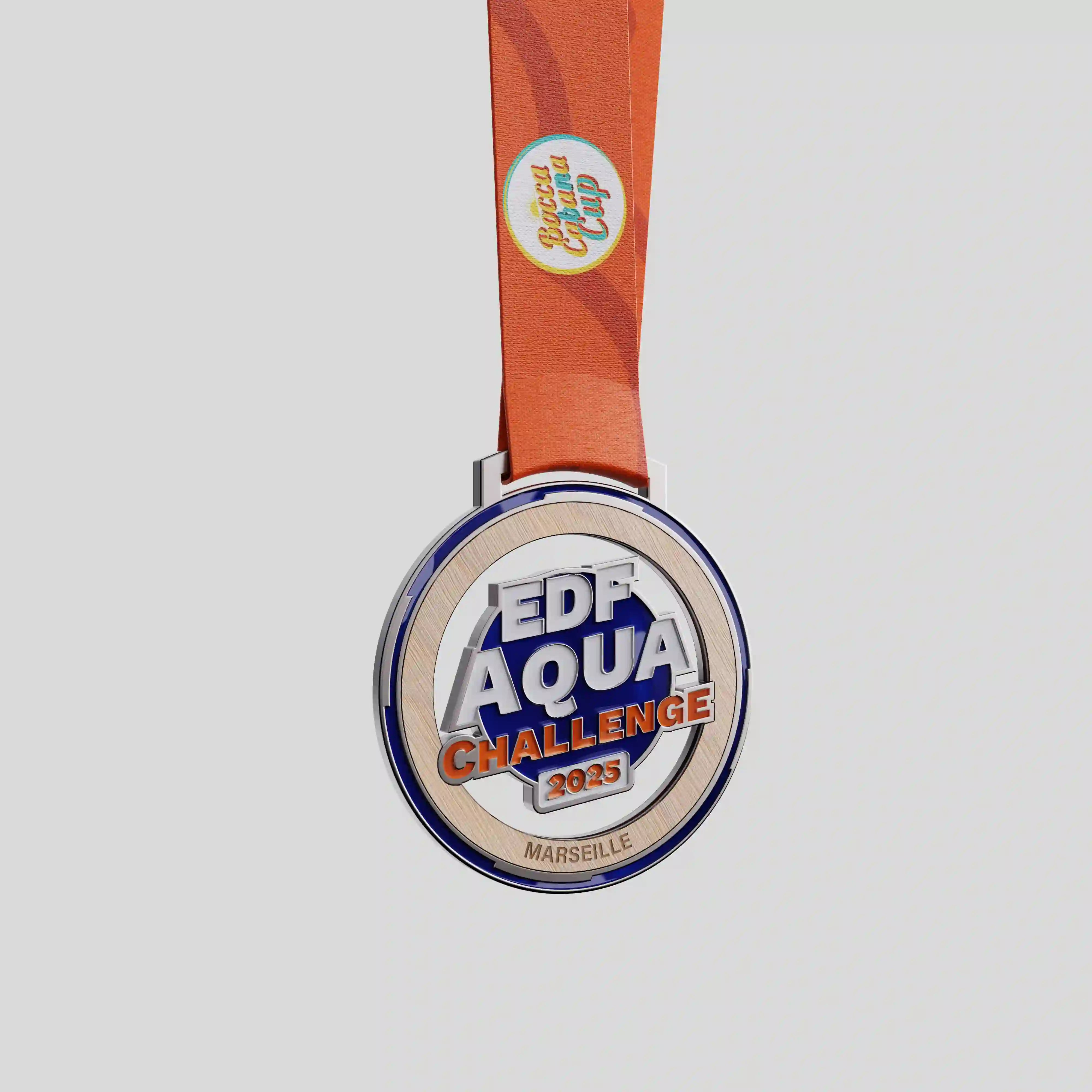 EDF Aqua Challenge wood & metal medal with blue and orange centre