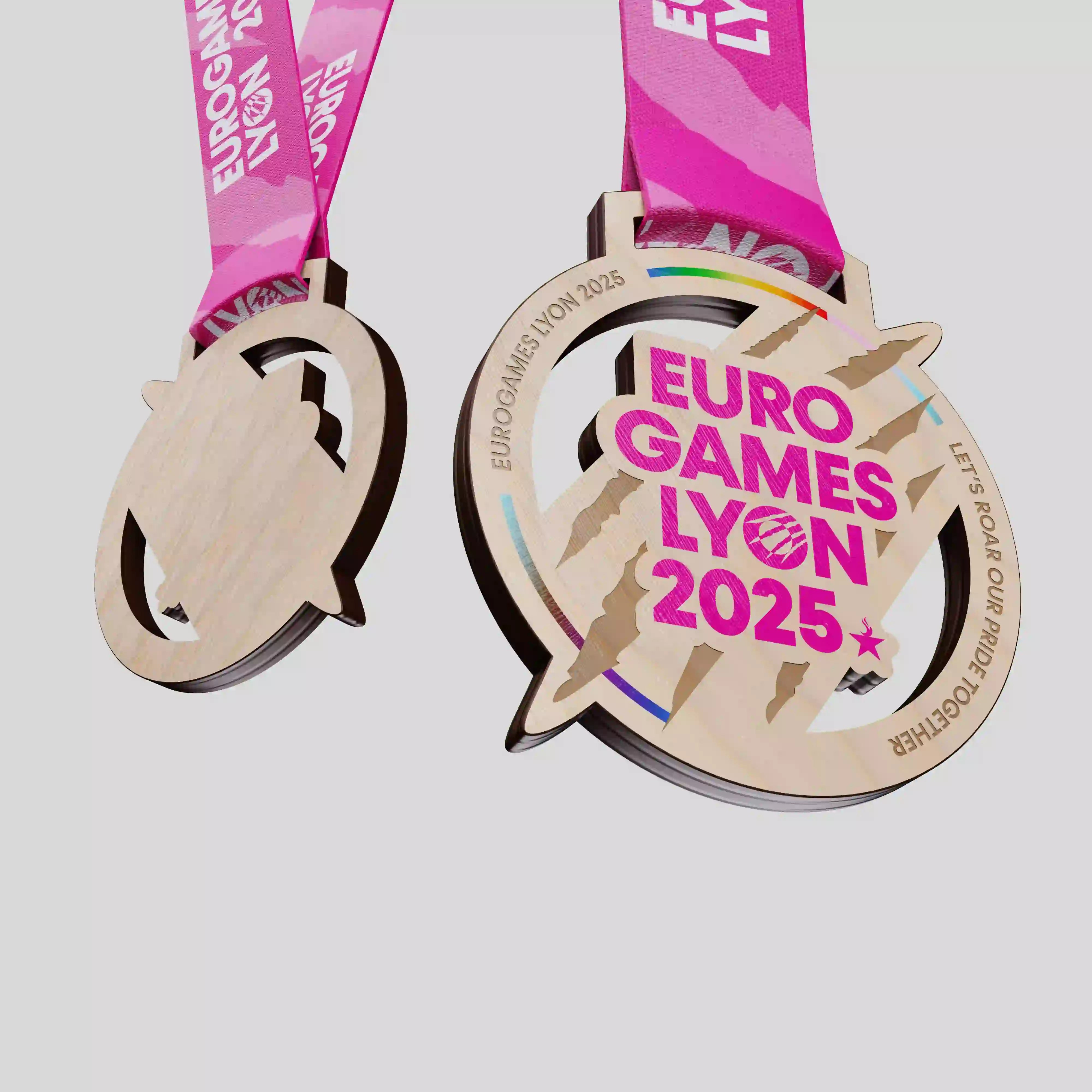 Wood finisher medal designed for EuroGames Lyon 2025 athletes