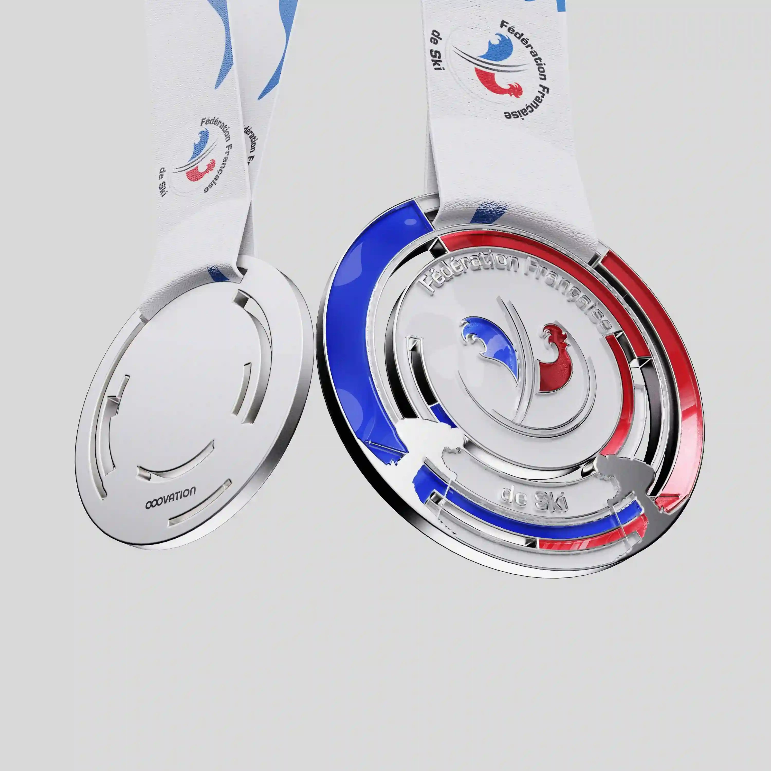 Official French Ski Federation tricolor metal medal with engraved logo