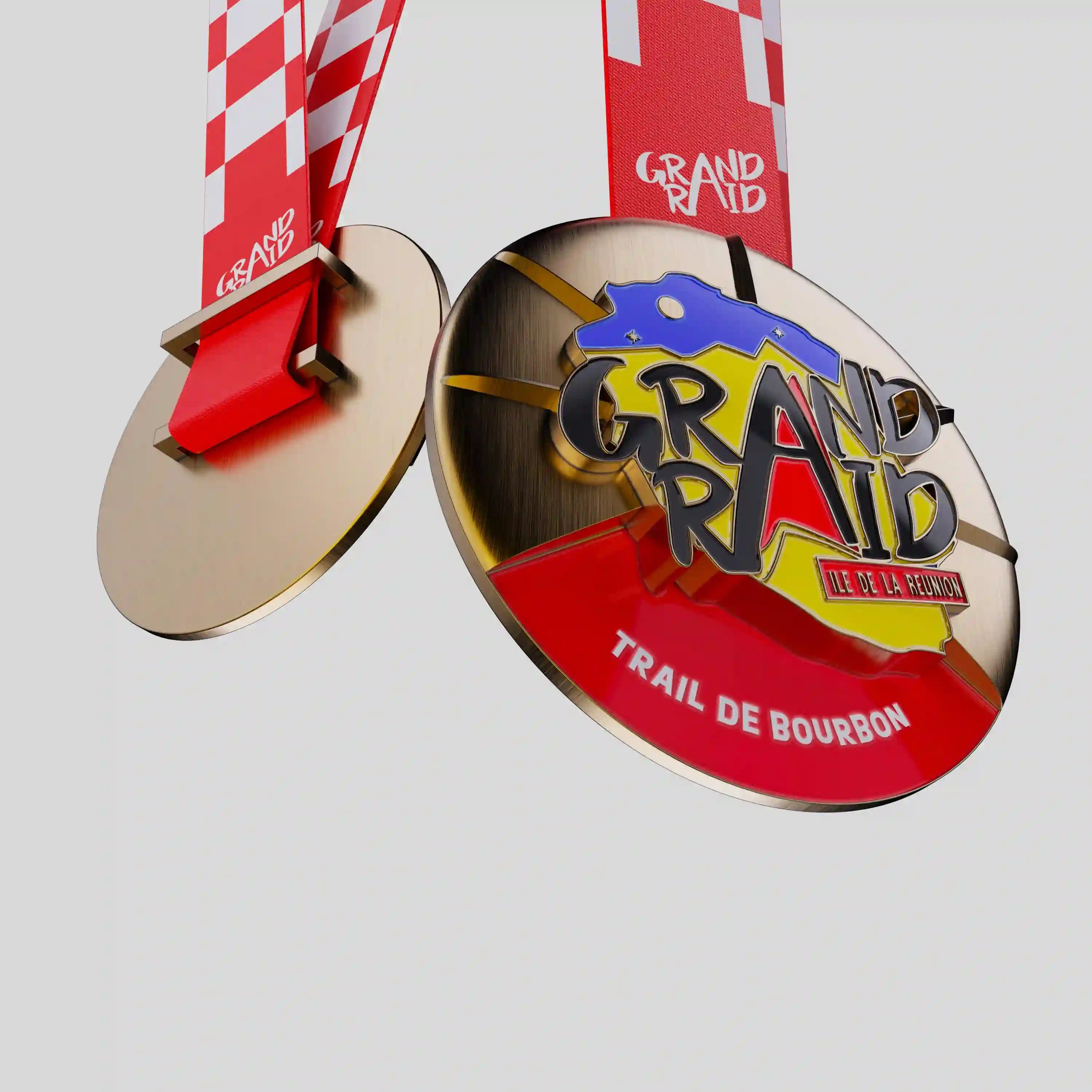 Official Grand Raid metal finisher medal with red ribbon and embossed logo