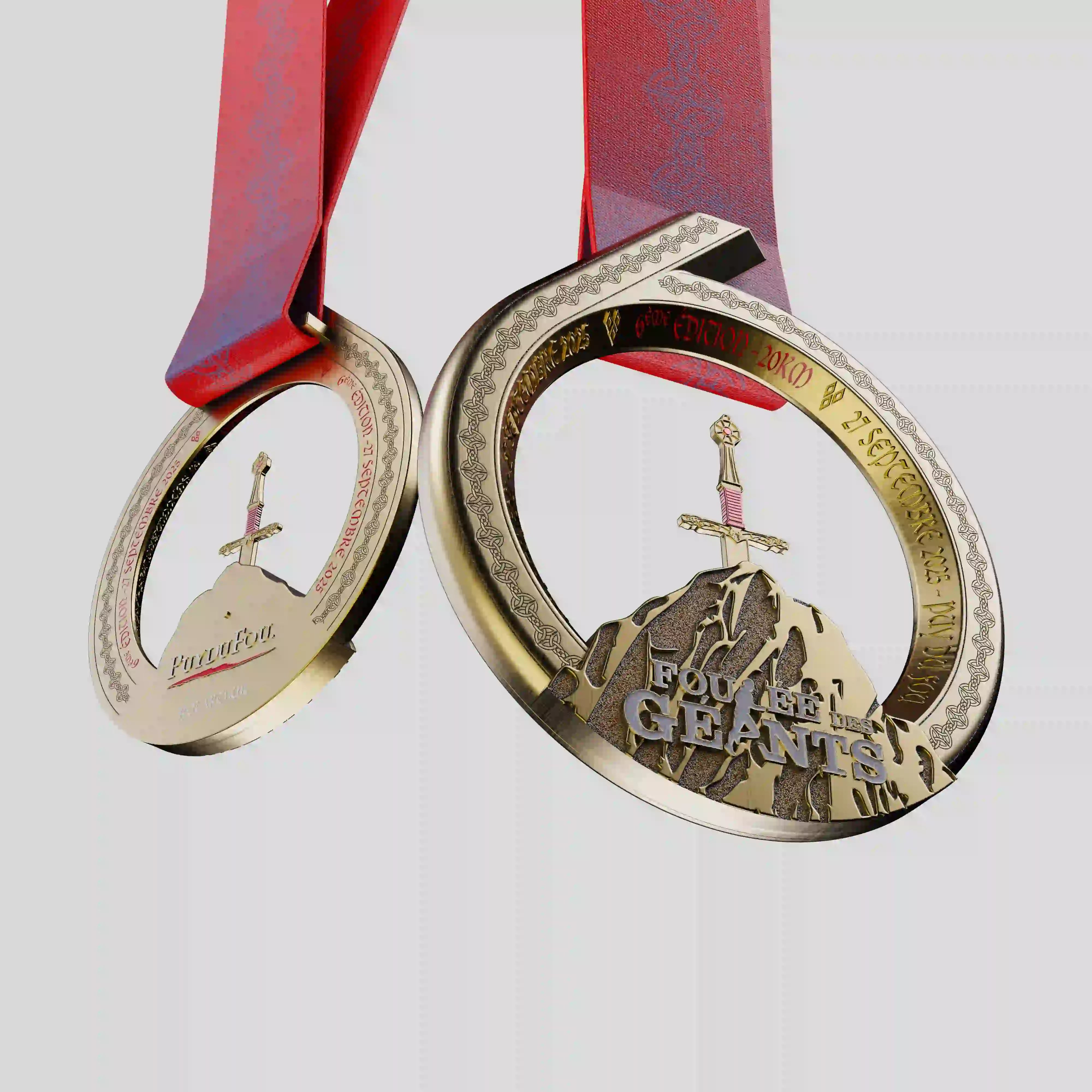 Official Le Puy du Fou finisher metal medal with red ribbon and engraved details