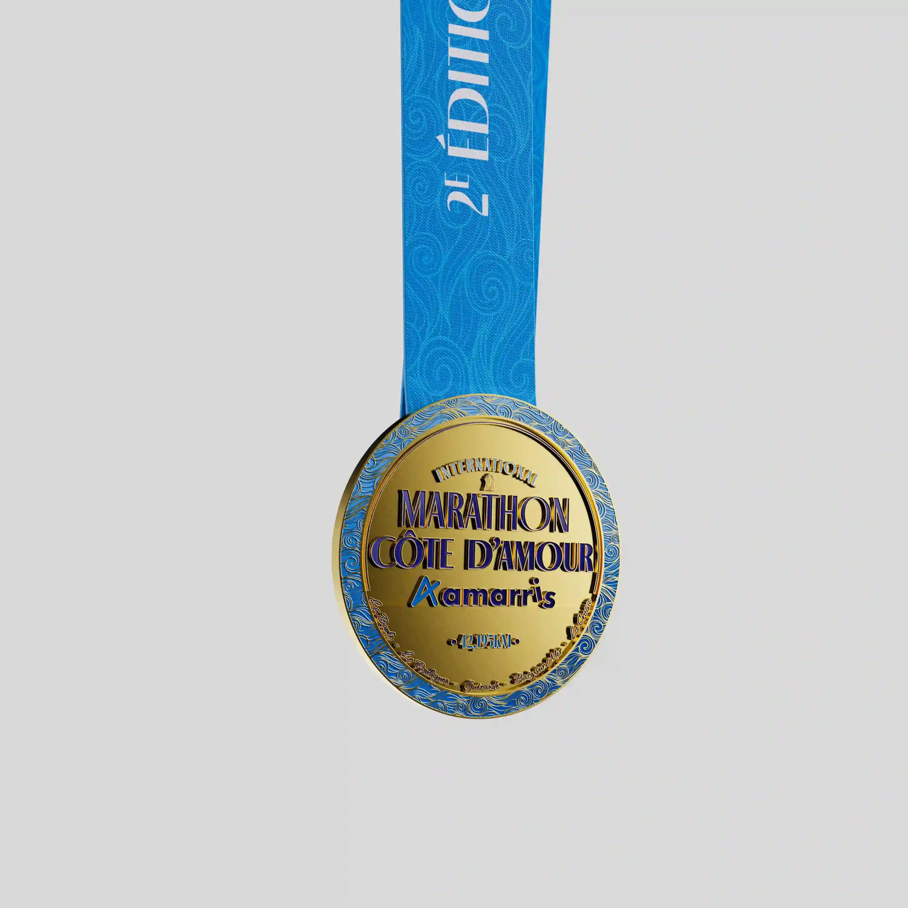 Côte d’Amour Marathon metal medal with gold and blue decorative border