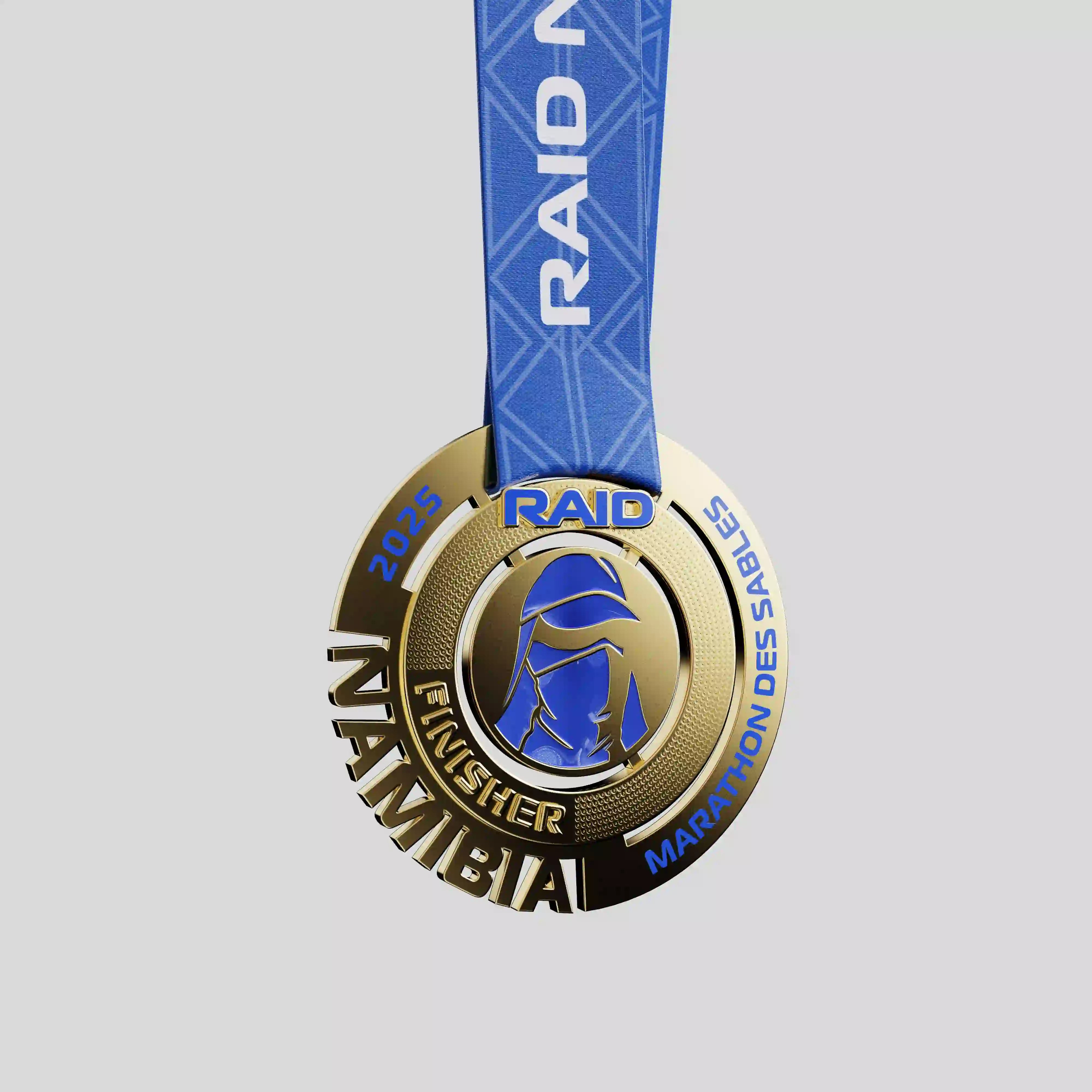 Marathon des Sables Namibia metal medal with blue desert runner silhouette