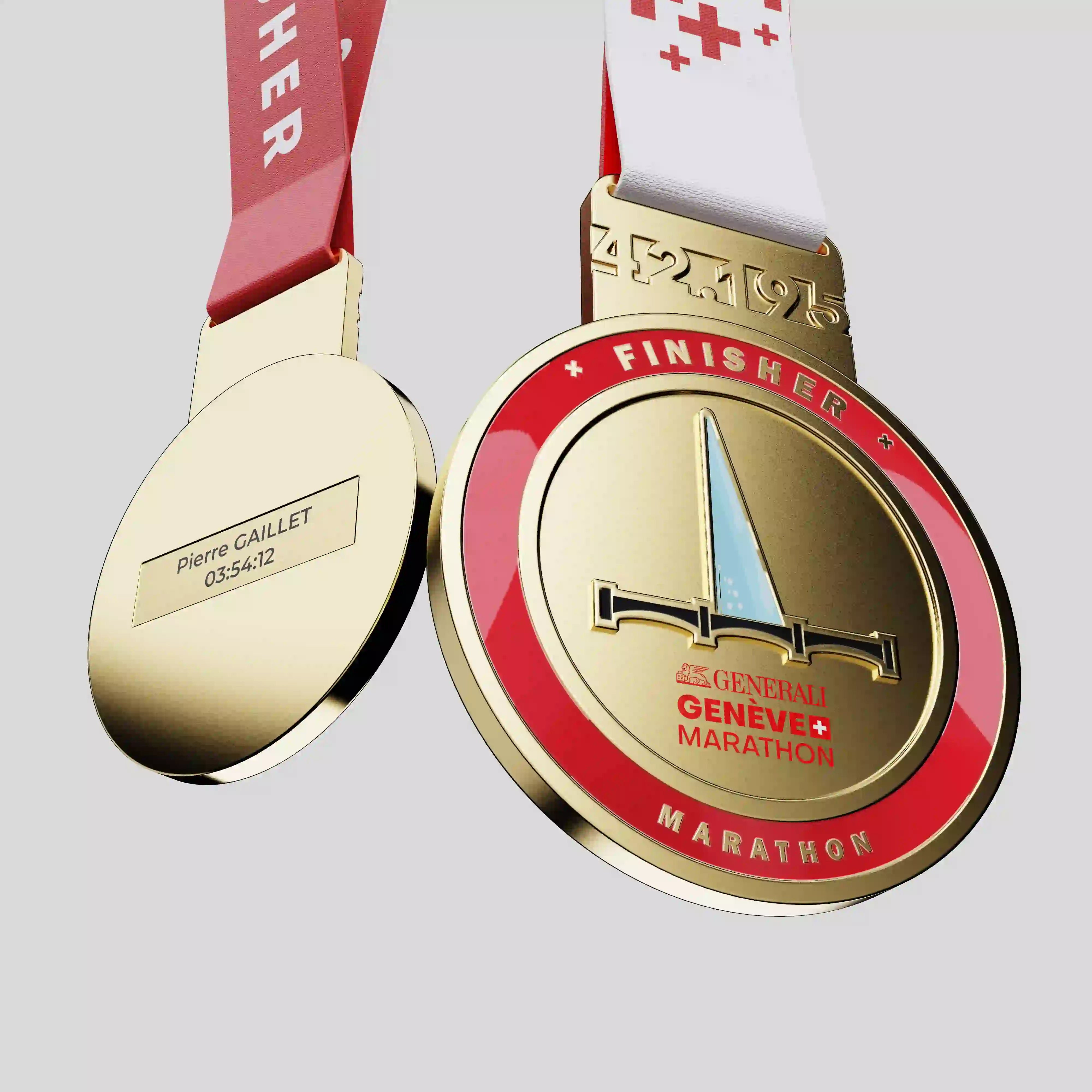 Official Geneva Marathon finisher metal medal with white and red ribbon