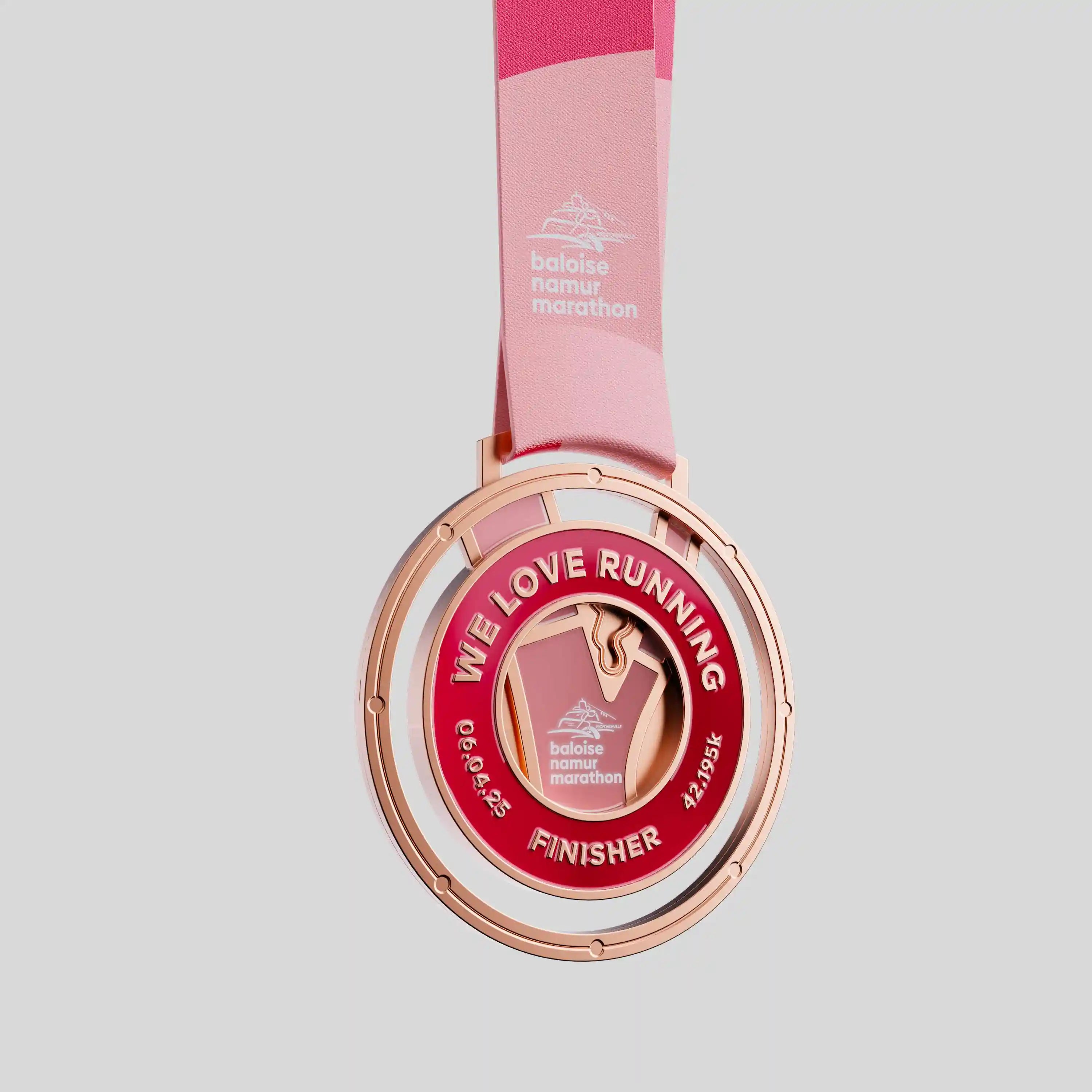 Namur Marathon rose-gold metal medal with red and pink circular design
