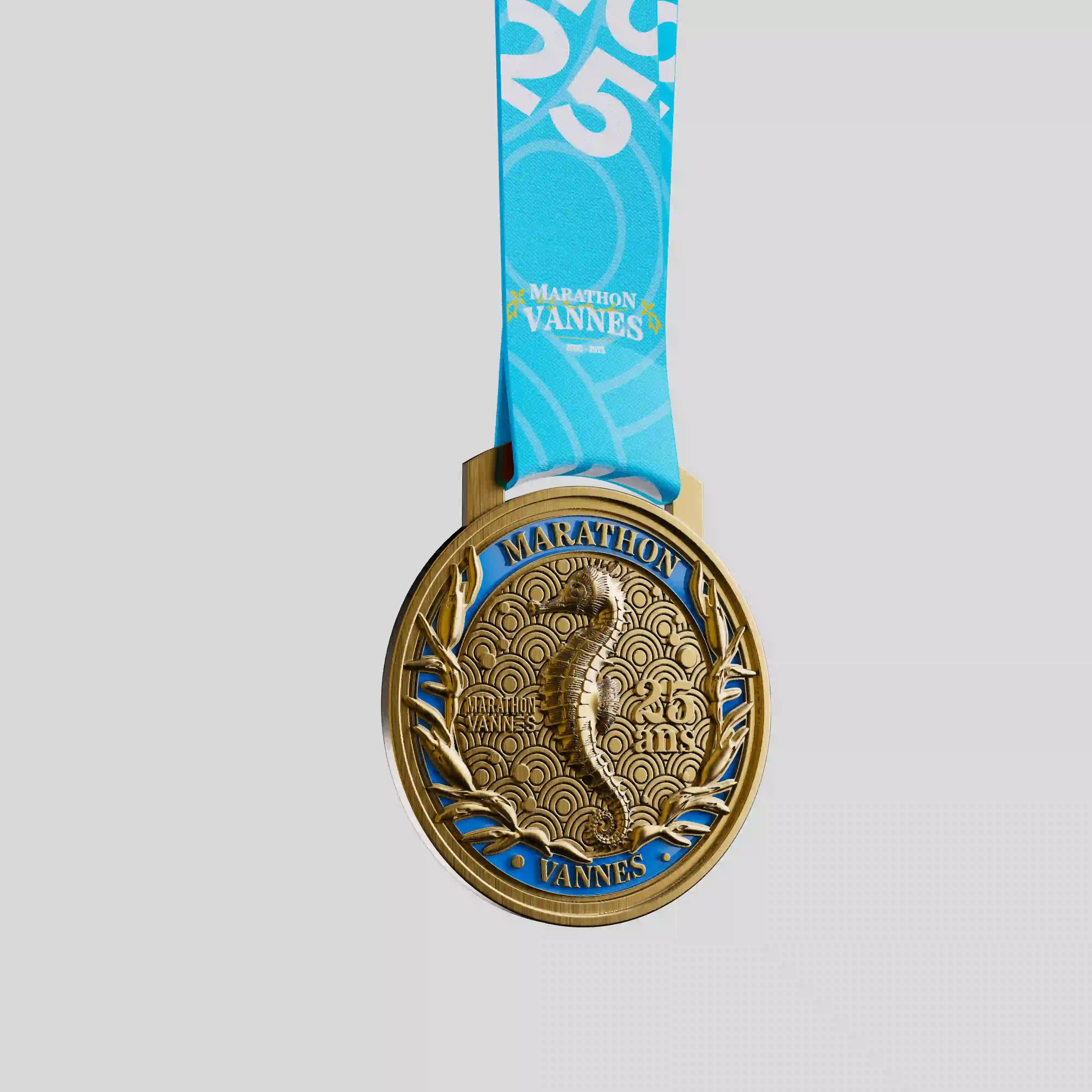 Official Vannes Marathon finisher metal medal with engraved patterns