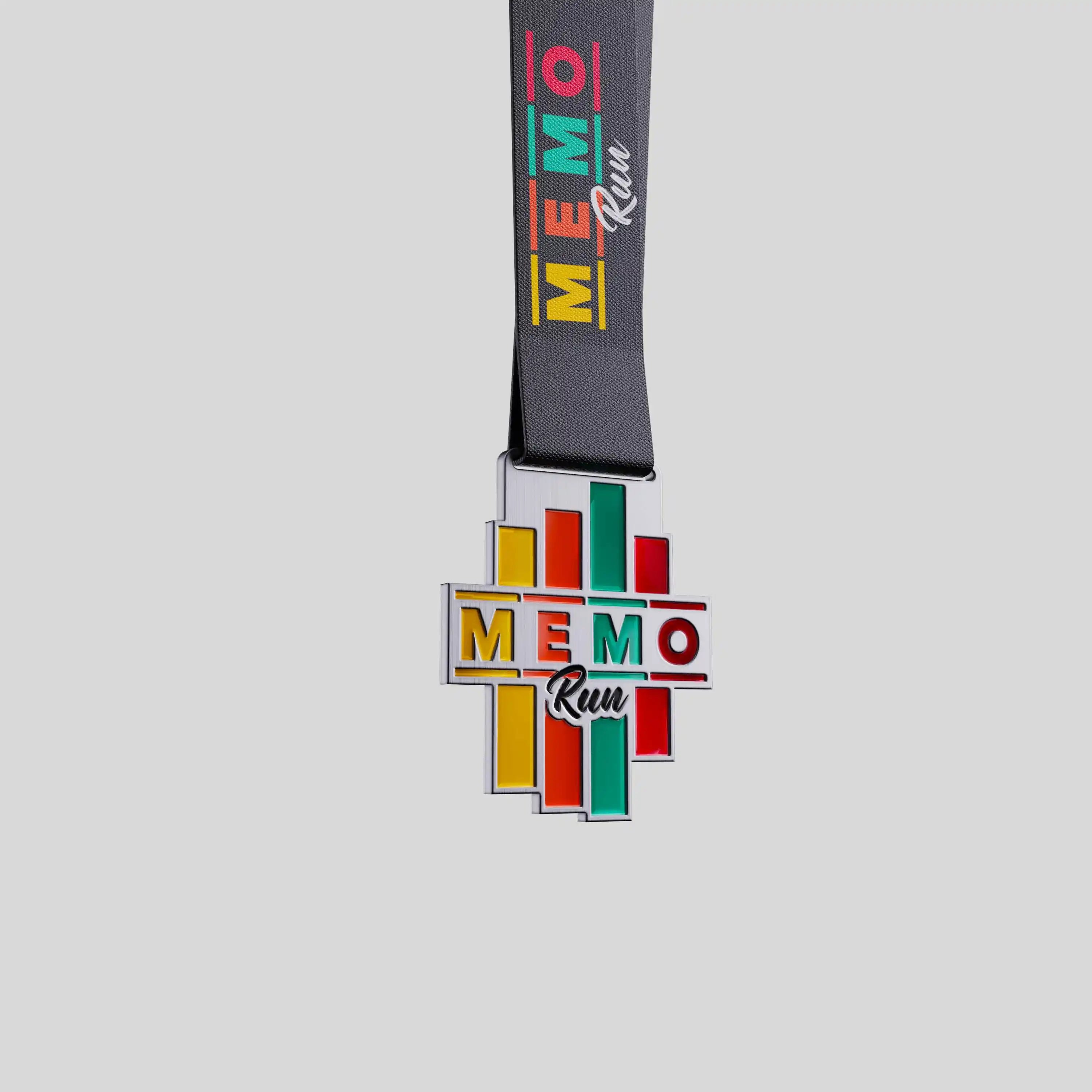 MEMO Run metal medal with colorful geometric stripes and black ribbon