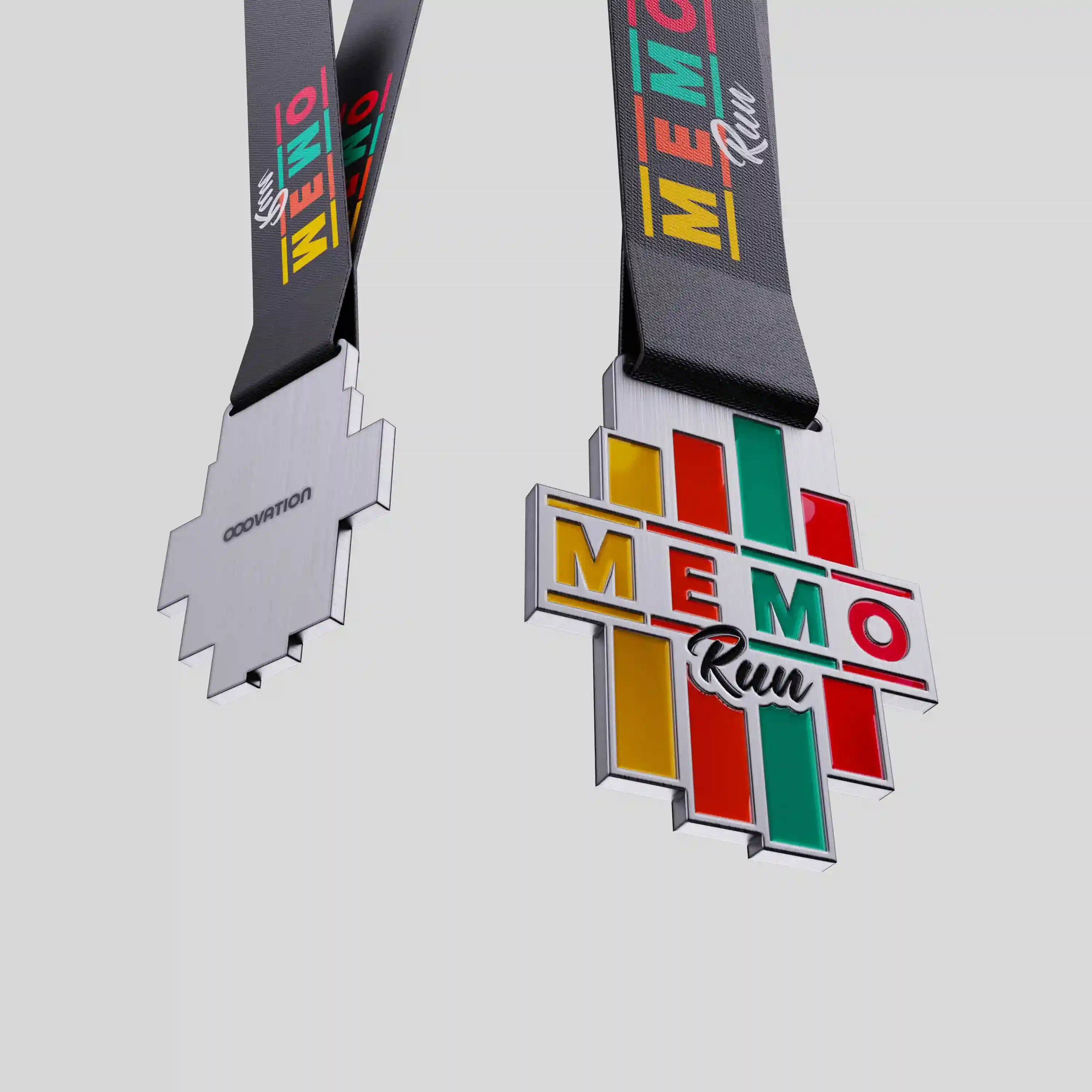 Official MEMO Run finisher metal medal in yellow, green, and red enamel