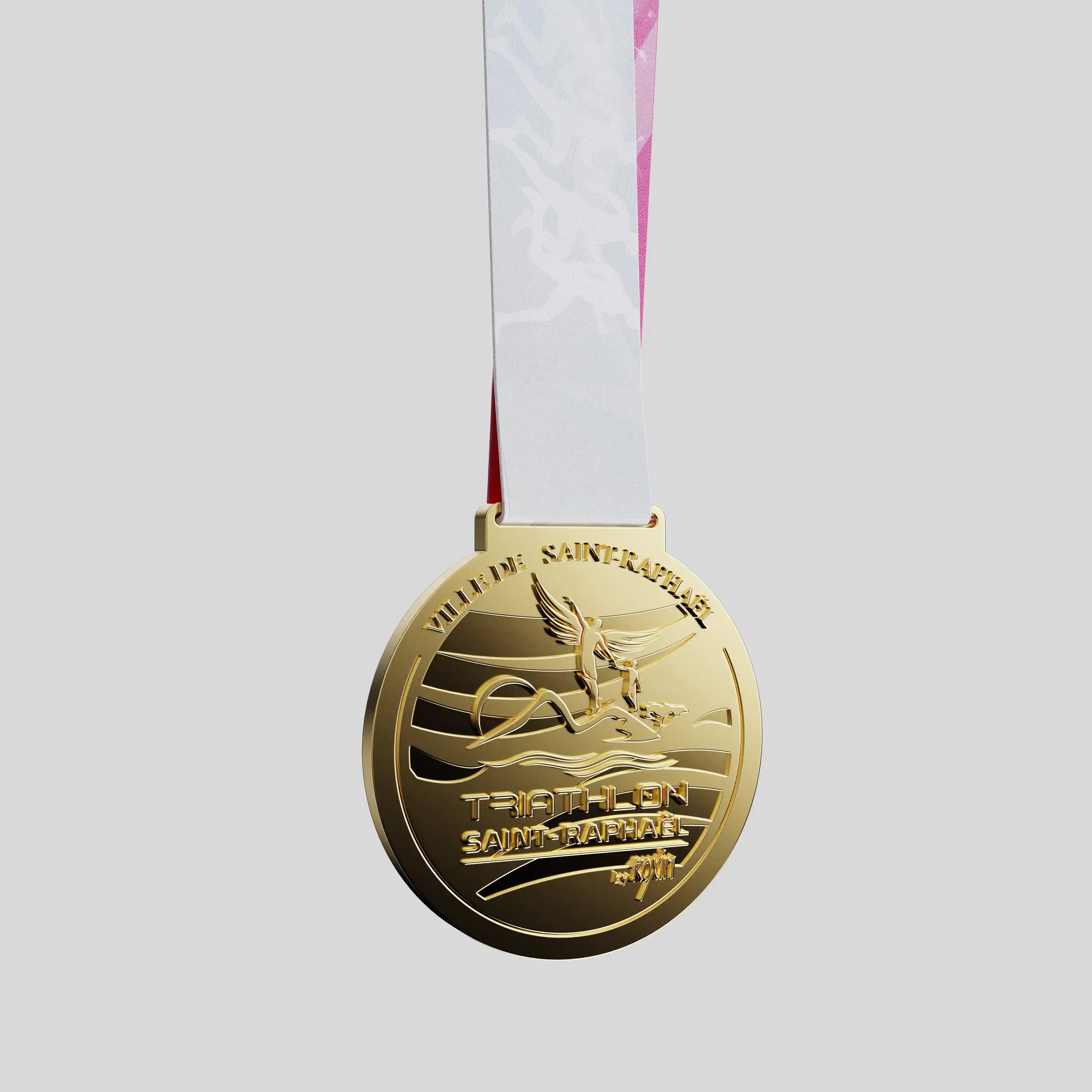 Saint-Raphael Triathlon gold metal medal with winged athlete design