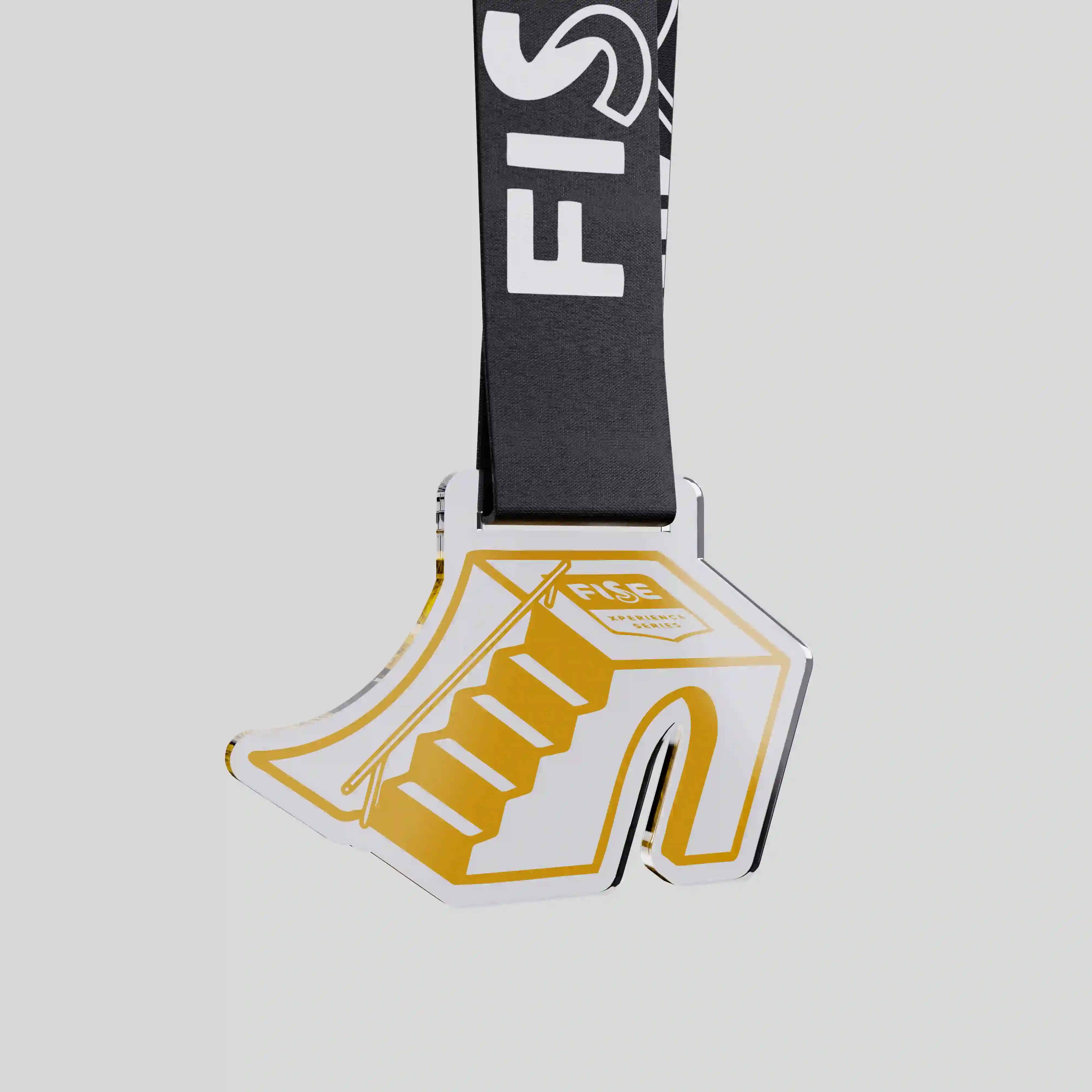 Acrylic FISE medal with gold urban-style graphic and black branded ribbon.
