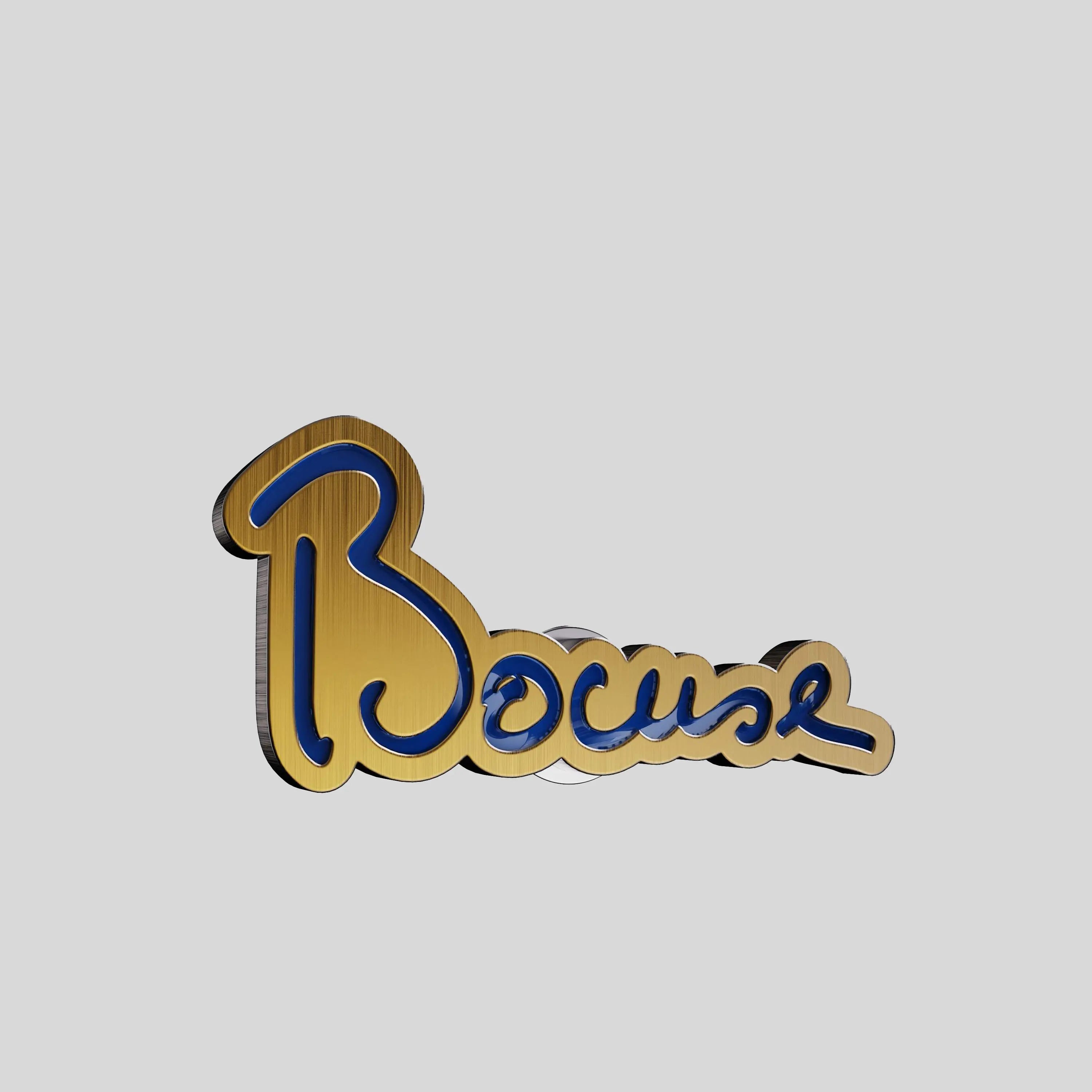 Maison Bocuse signature pin in gold metal with blue enamel accents, front view.