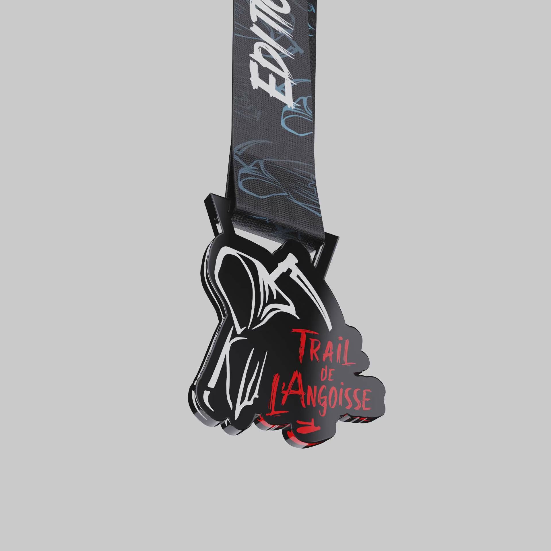  Trail de l’Angoisse acrylic medal showing its cut-out silhouette, glossy finish and dramatic graphic details.